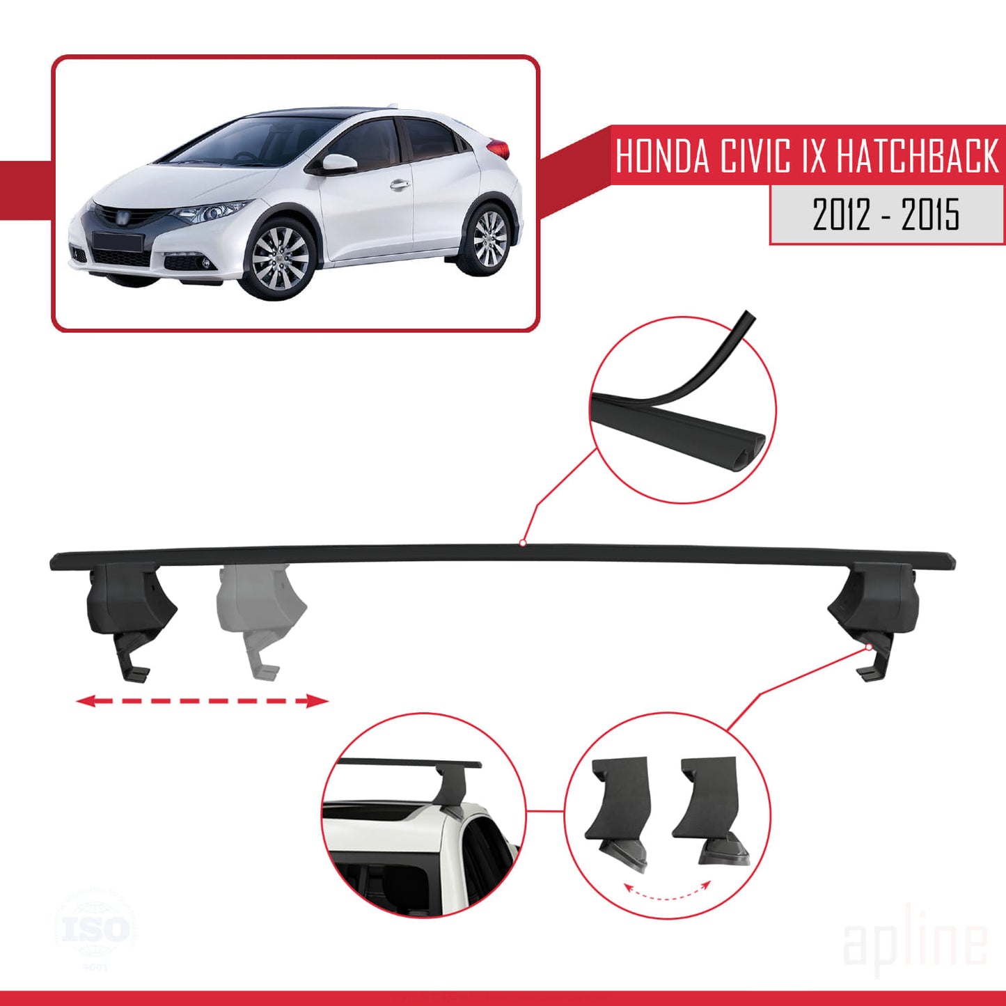 Compatible con Honda Civic 9 (FK) HB 2012-2015 ACE-4 Barras de Techo Auto Portaequipajes Barras Transversales Negro Aluminio 2 Barras