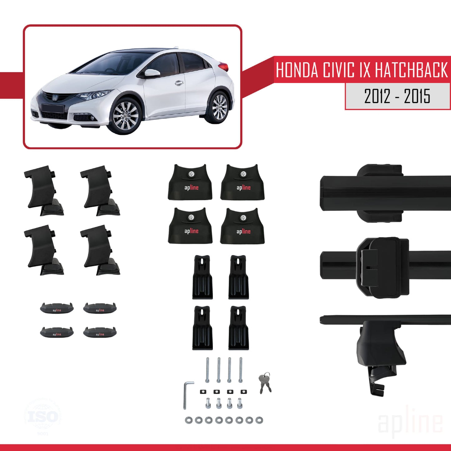 Compatible con Honda Civic 9 (FK) HB 2012-2015 ACE-4 Barras de Techo Auto Portaequipajes Barras Transversales Negro Aluminio 2 Barras