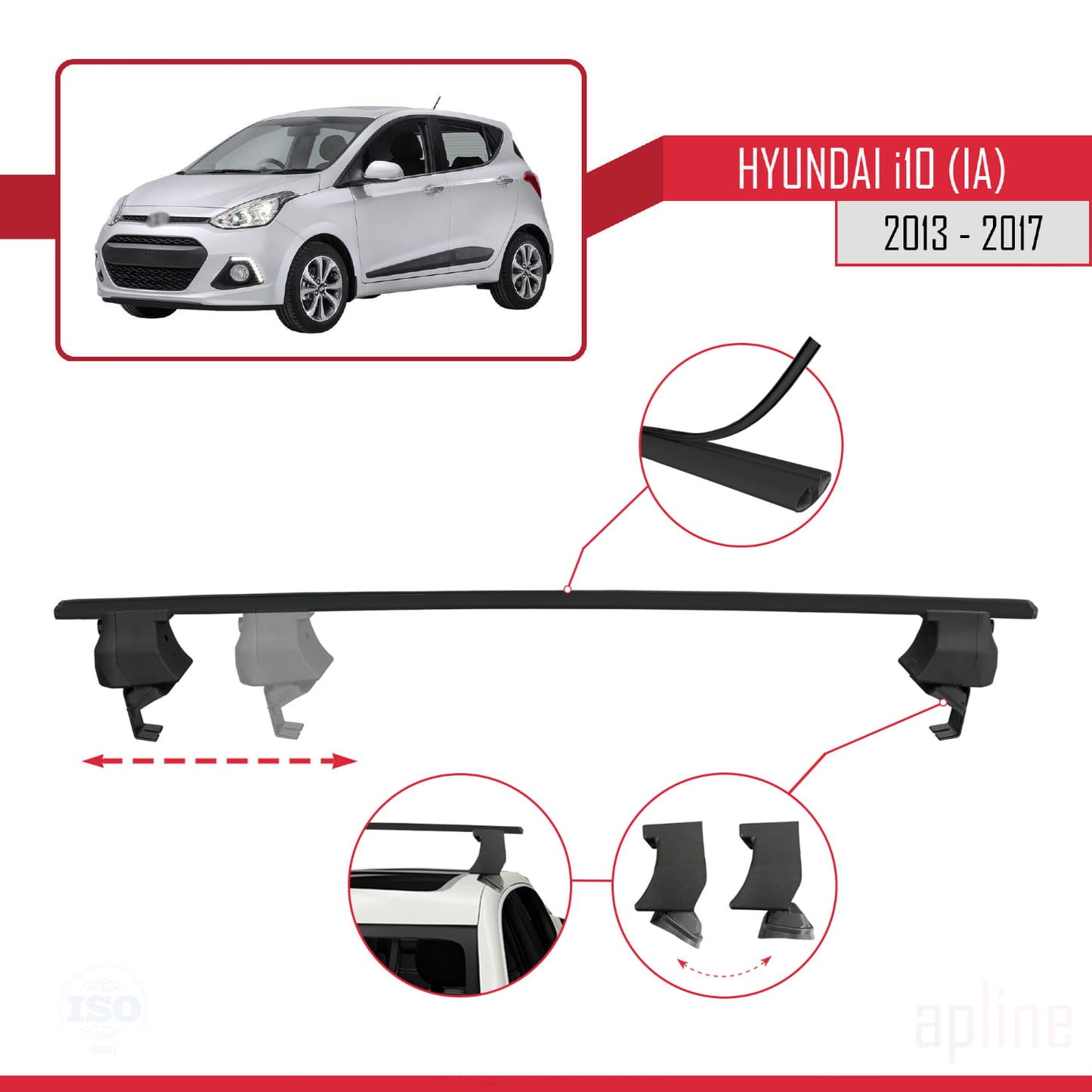 Compatible with Hyundai i10 II (IA) Pre-Facelift 2013-2017 ACE-4 Car Roof Rack Cross Bar Black Aluminium 2 Bars