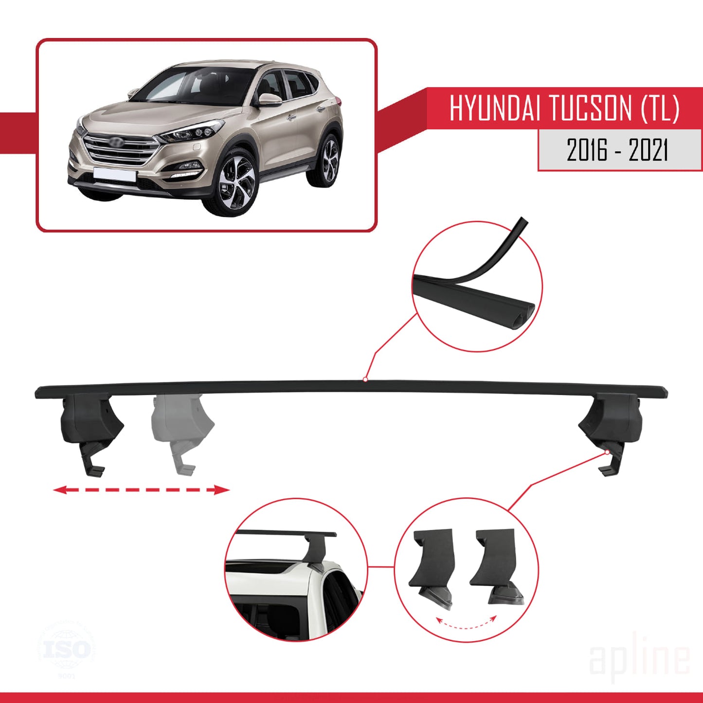 Compatible avec Hyundai Tucson 3 (TL) 2016-2021 ACE-4 Barres de Toit Railing Porte-Bagages de Voiture Noir Aluminium 2 Barres
