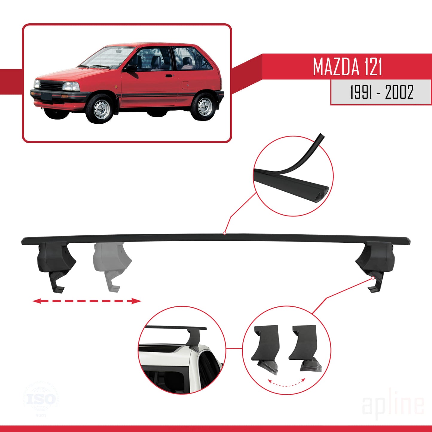 Compatible with Mazda 121 1991-2002 ACE-4 Car Roof Rack Cross Bar Black Aluminium 2 Bars