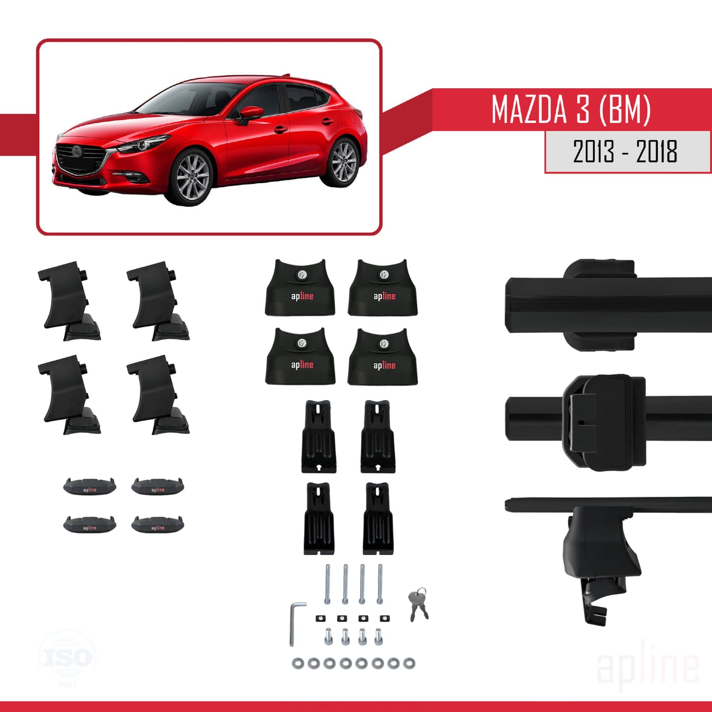 Compatible avec Mazda 3 III (BM) 2013-2018 ACE-4 Barres de Toit Railing Porte-Bagages de Voiture Noir Aluminium 2 Barres