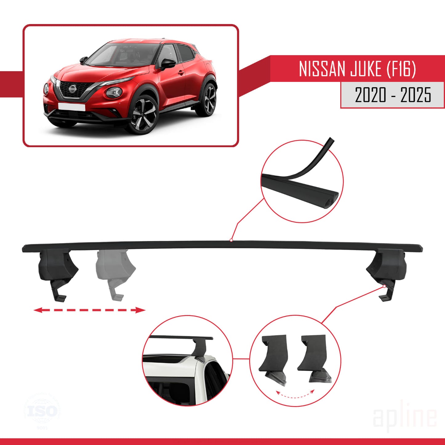 Compatible con Nissan Juke 2 (F16) 2020-2025 ACE-4 Barras de Techo Auto Portaequipajes Barras Transversales Negro Aluminio 2 Barras