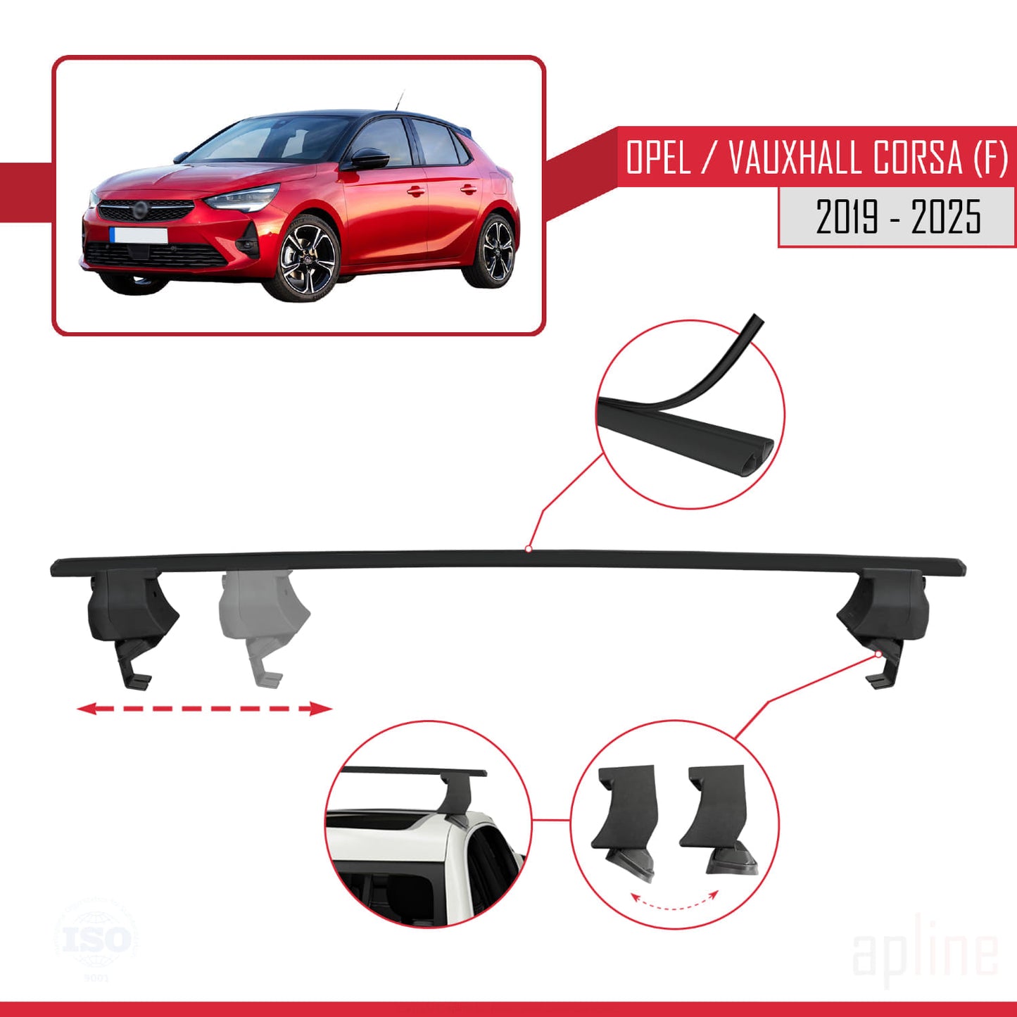 Compatible with Opel/Vauxhall Corsa F 2019-2025 ACE-4 Car Roof Rack Cross Bar Black Aluminium 2 Bars