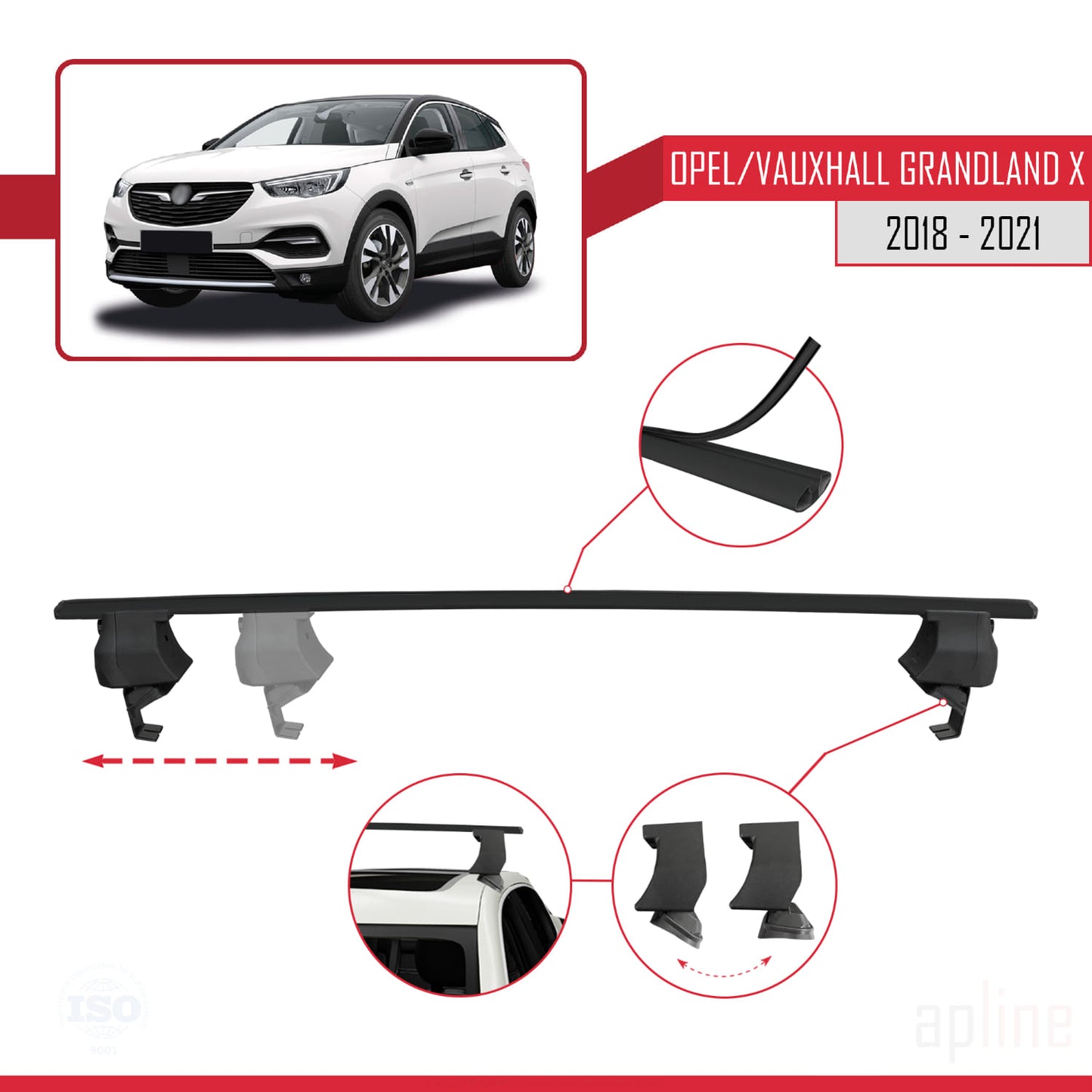 Compatible with Opel Grandland X 2018-2021 ACE-4 Car Roof Rack Cross Bar Black Aluminium 2 Bars