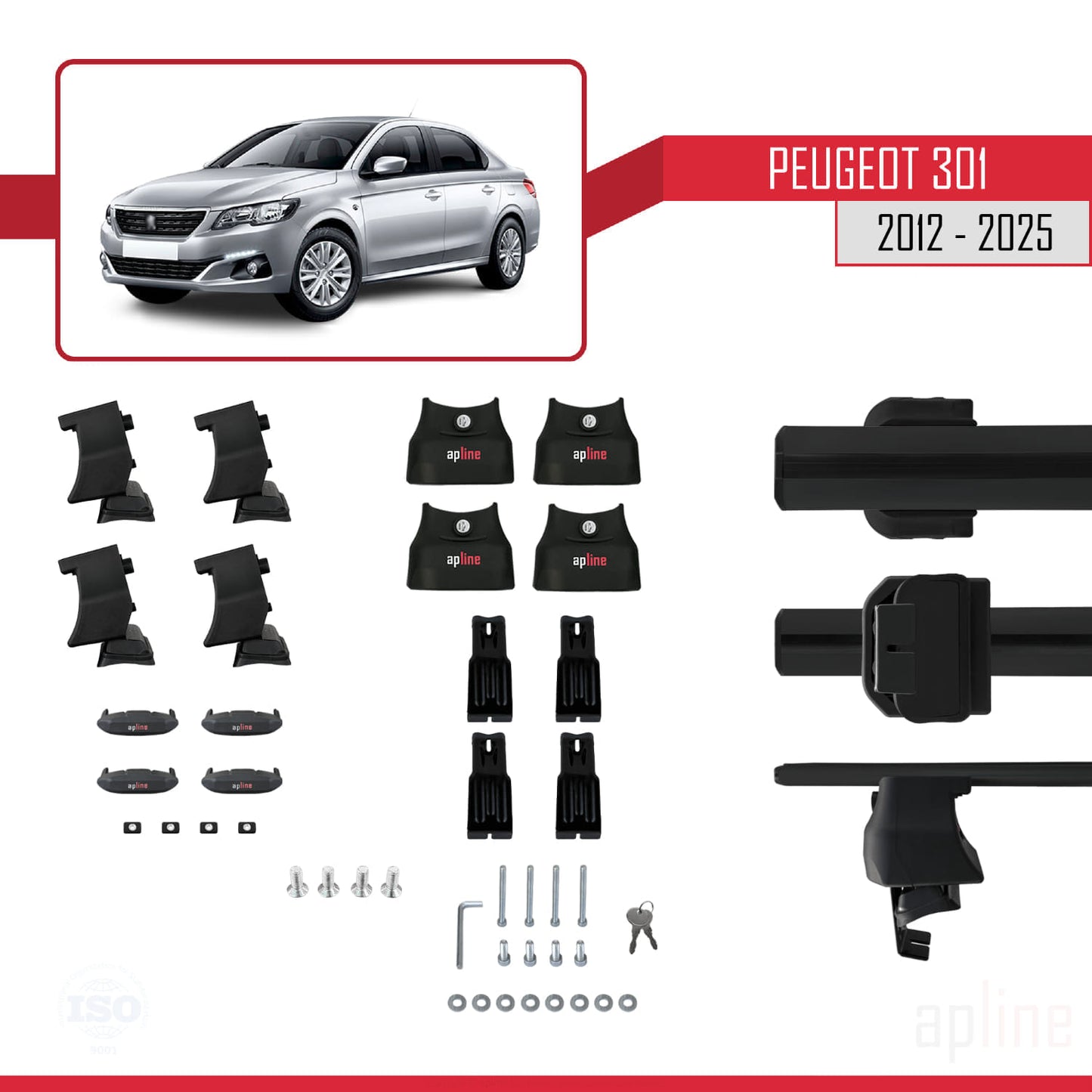 Compatible with Peugeot 301 2012-2025 ACE-4 Car Roof Rack Cross Bar Black Aluminium 2 Bars