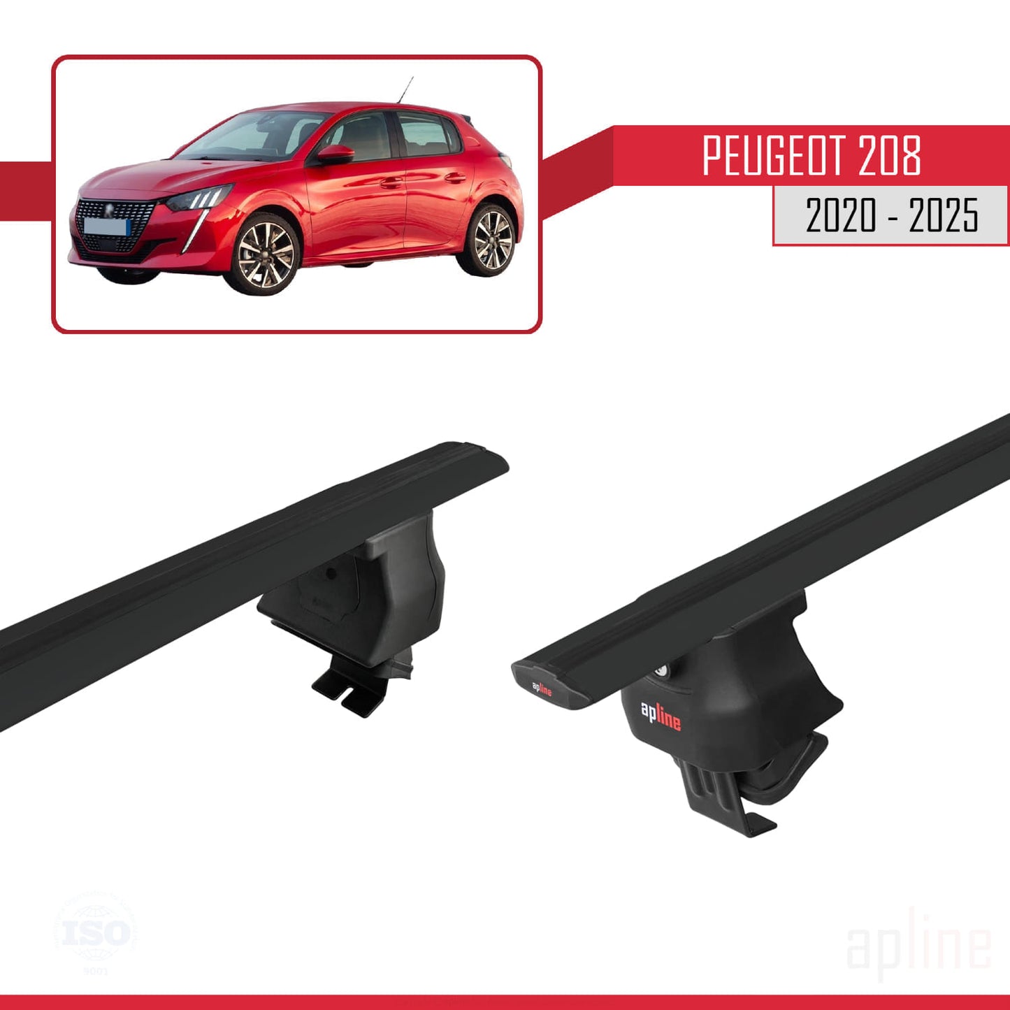 Compatible with Peugeot 208 II (P21) 2020-2025 ACE-4 Car Roof Rack Cross Bar Black Aluminium 2 Bars