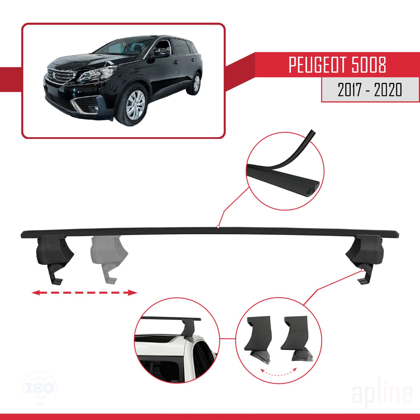 Compatible with Peugeot 5008 II (P87) Pre-Facelift 2017-2020 ACE-4 Car Roof Rack Cross Bar Black Aluminium 2 Bars