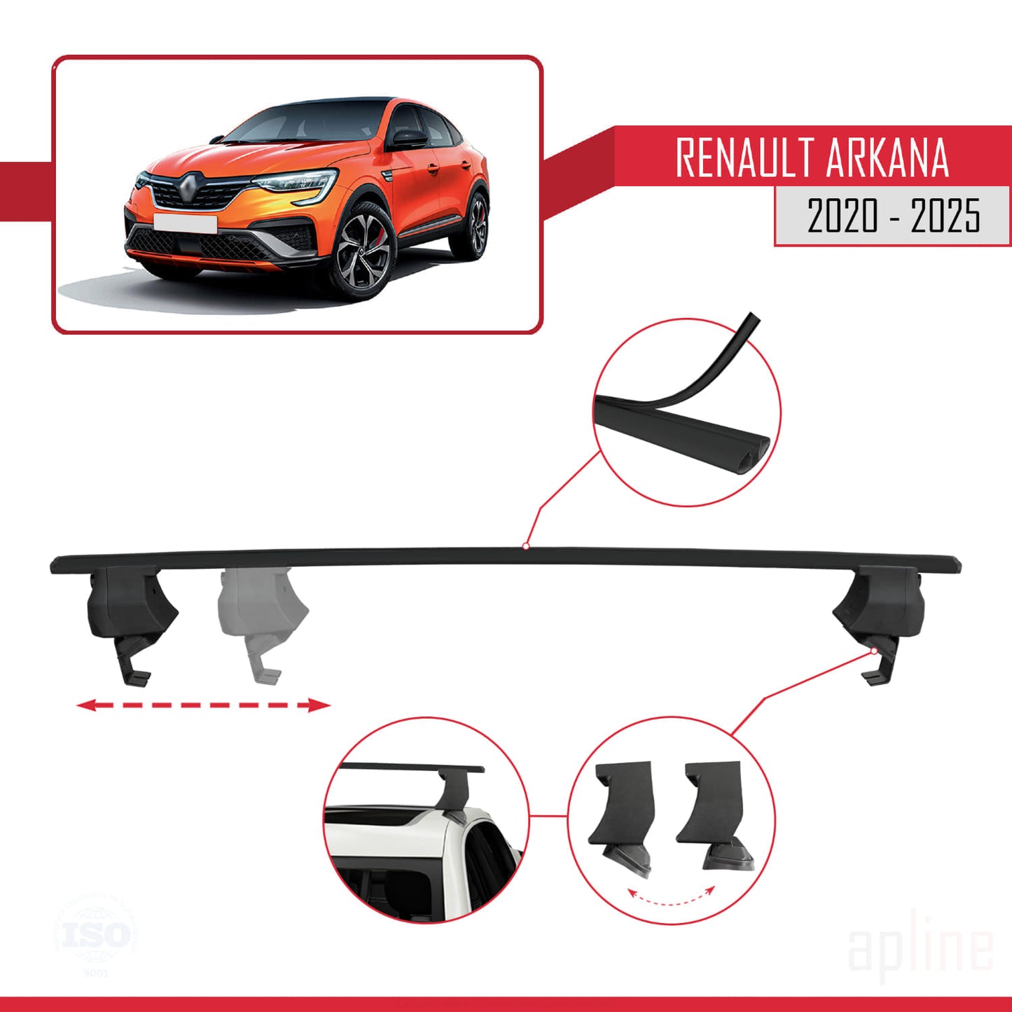 Compatible with Renault Arkana 2020-2025 ACE-4 Car Roof Rack Cross Bar Black Aluminium 2 Bars