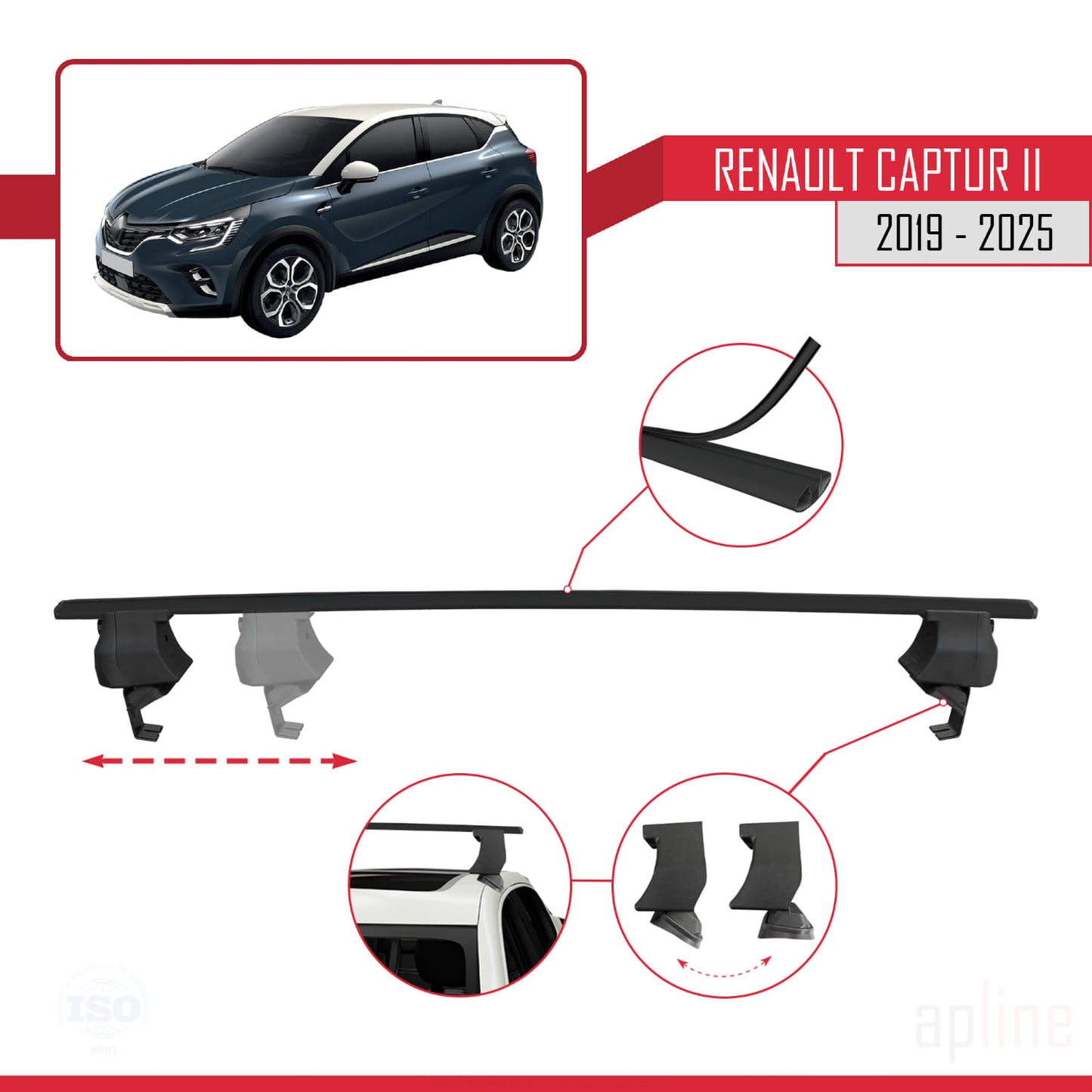 Compatible avec Renault Captur 2 2019-2025 ACE-4 Barres de Toit Railing Porte-Bagages de Voiture Noir Aluminium 2 Barres