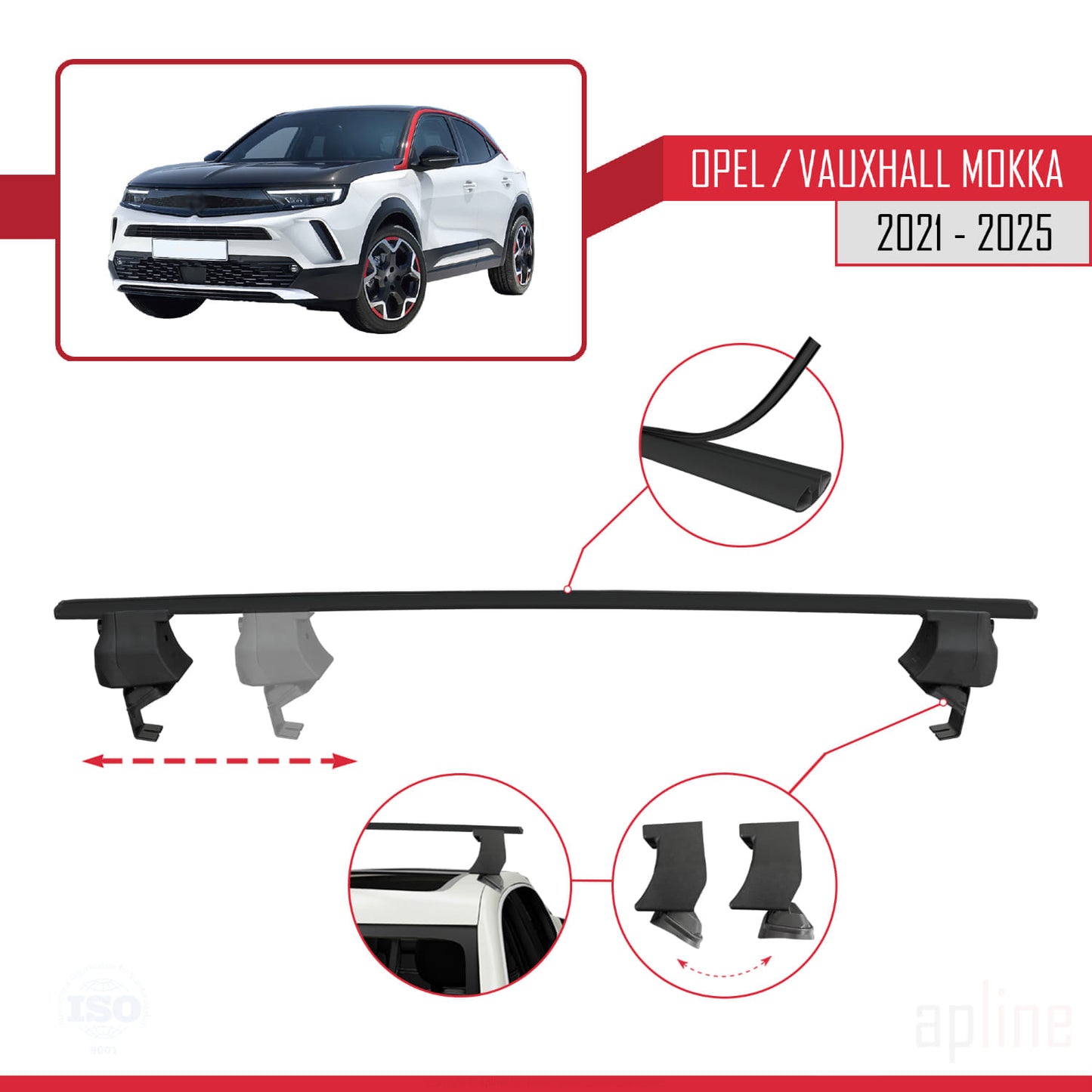 Compatible with Opel/Vauxhall Mokka B 2021-2025 ACE-4 Car Roof Rack Cross Bar Black Aluminium 2 Bars