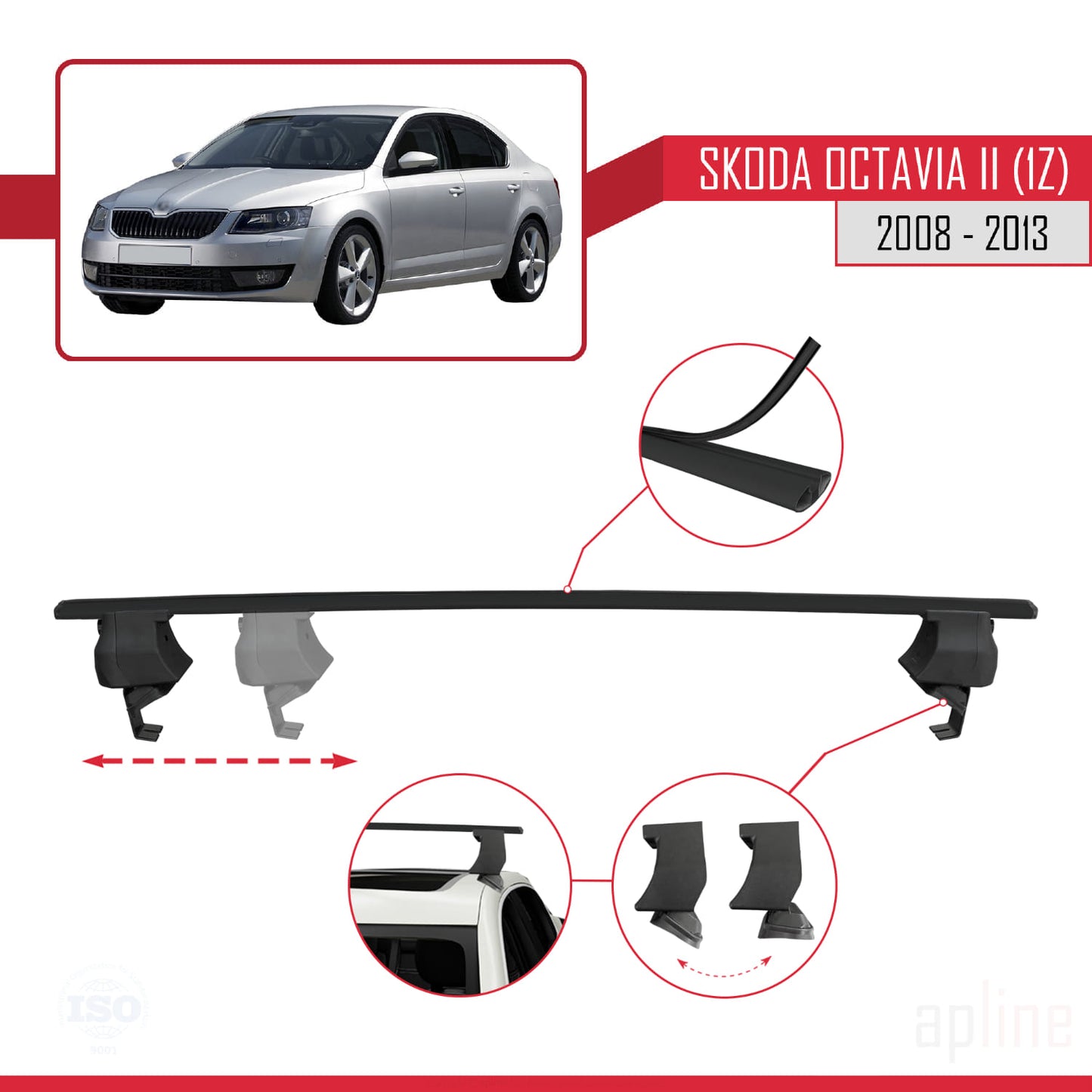 Compatible con Skoda Octavia 2 (1Z) Post-Facelift 2008-2013 ACE-4 Barras de Techo Auto Portaequipajes Barras Transversales Negro Aluminio 2 Barras