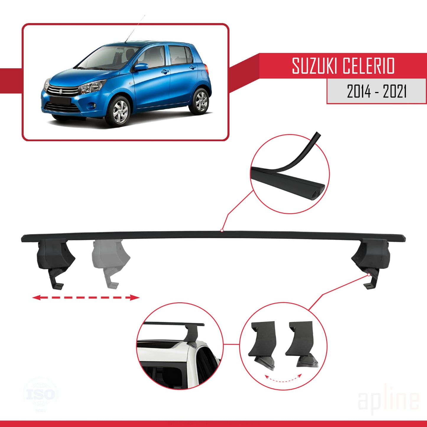 Compatible with Suzuki Celerio 2 (FE) 2014-2021 ACE-4 Car Roof Rack Cross Bar Black Aluminium 2 Bars