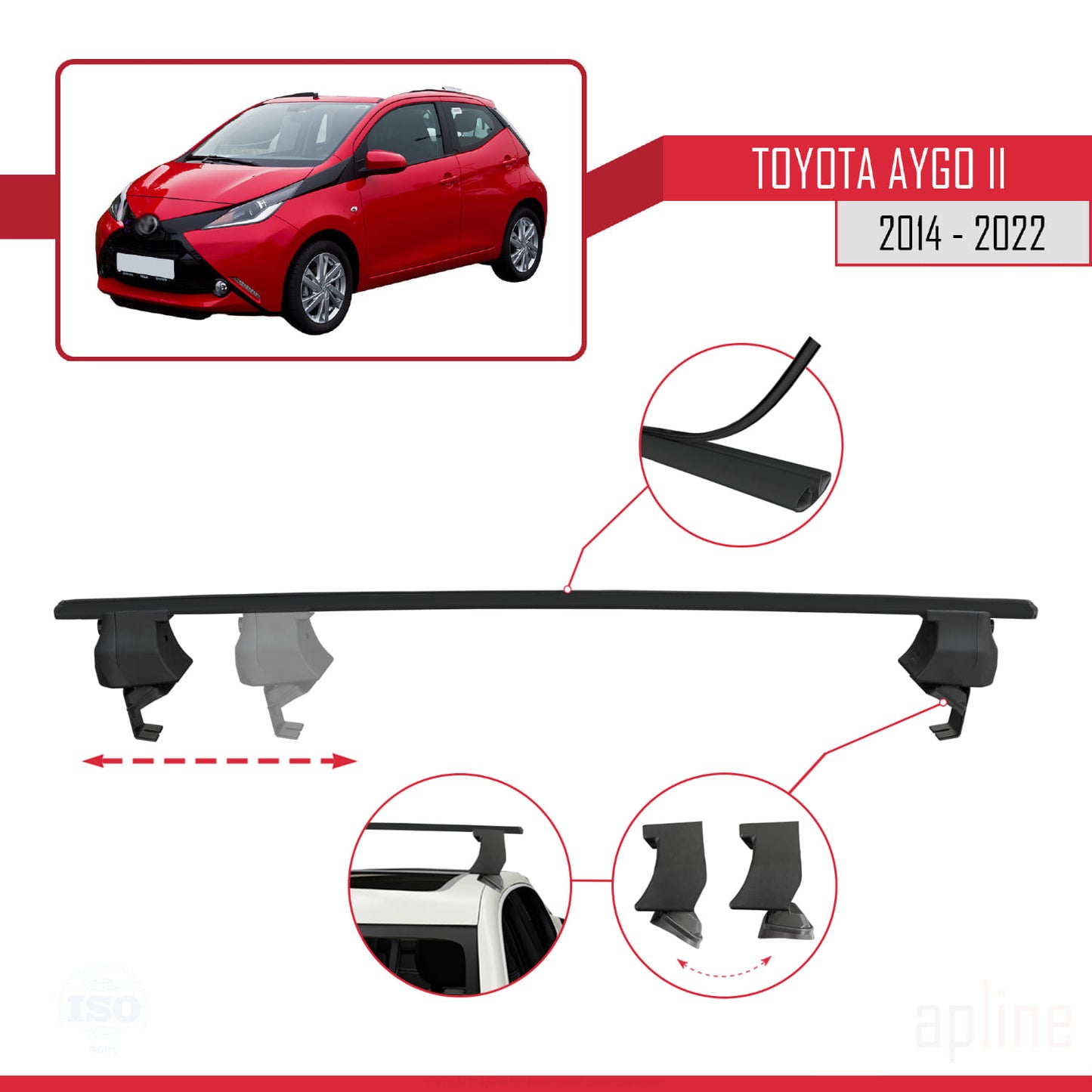 Compatible avec Toyota Aygo 2 2014-2022 ACE-4 Barres de Toit Railing Porte-Bagages de Voiture Noir Aluminium 2 Barres