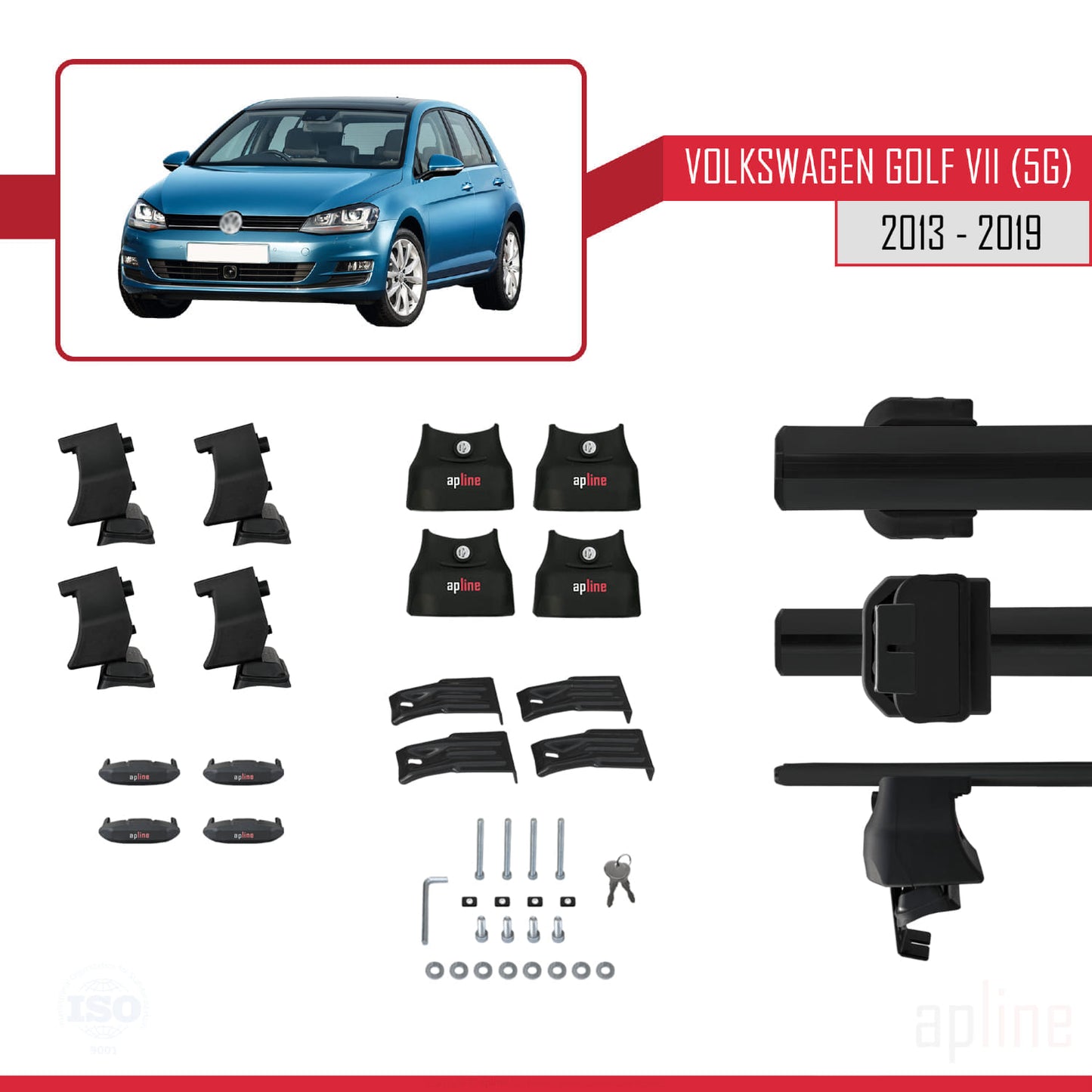 Compatible avec Volkswagen Golf 7 (5G) 2013-2019 ACE-4 Barres de Toit Railing Porte-Bagages de Voiture Noir Aluminium 2 Barres
