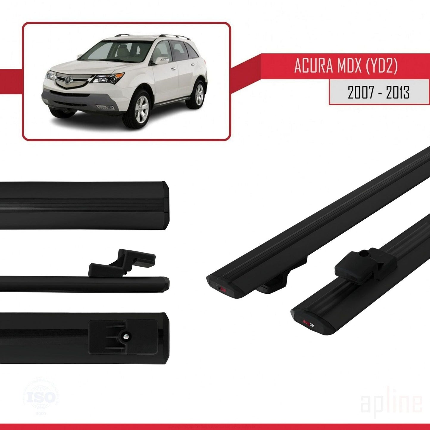 Kompatibel mit Acura MDX (YD2) 2007-2013 Basismodell Dachgepäckträger, schwarzes Aluminium, 2 Stangen