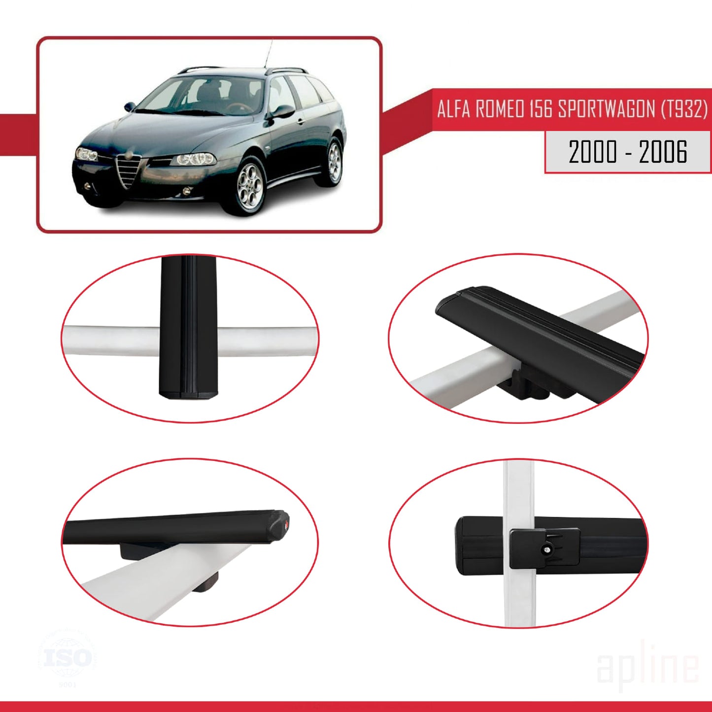 Kompatibel mit Alfa Romeo 156 (T932) Kombi 2000-2006 Basismodell Dachgepäckträger Gepäckträger Schwarz Aluminium 3-Stangen