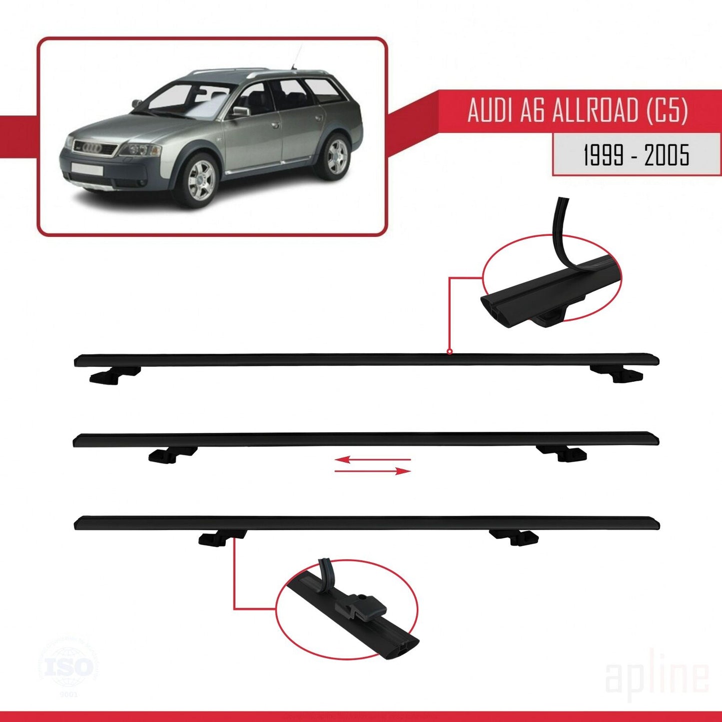 Compatibile con A6 (C5) Allroad 1999-2005 modello BASIC Barre portatutto per auto Portapacchi in alluminio nero 3 barre