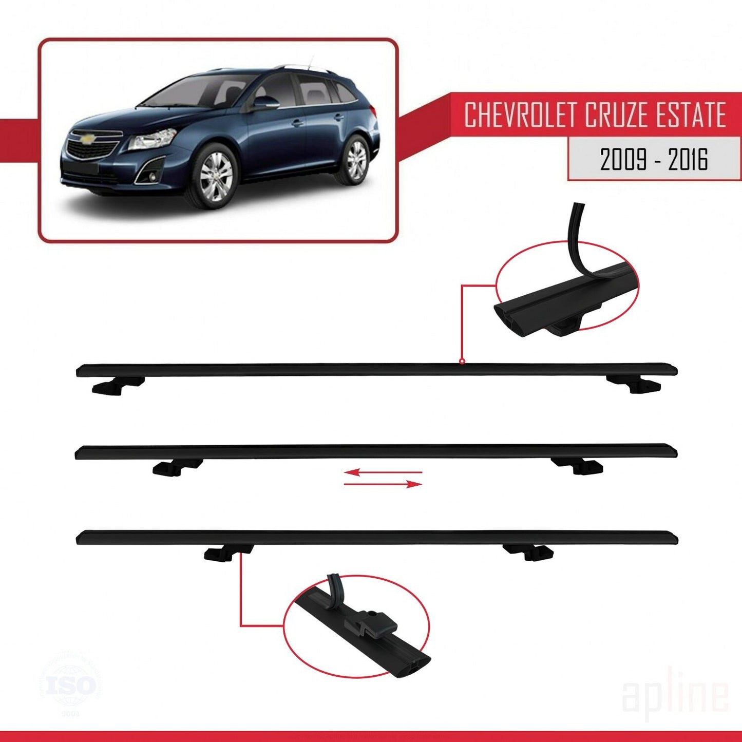 Compatible avec Chevrolet Cruze (J300) 2009-2016 BASIC Model Barres de Toit Railing Porte-Bagages de Voiture Noir Aluminium 2 Barres
