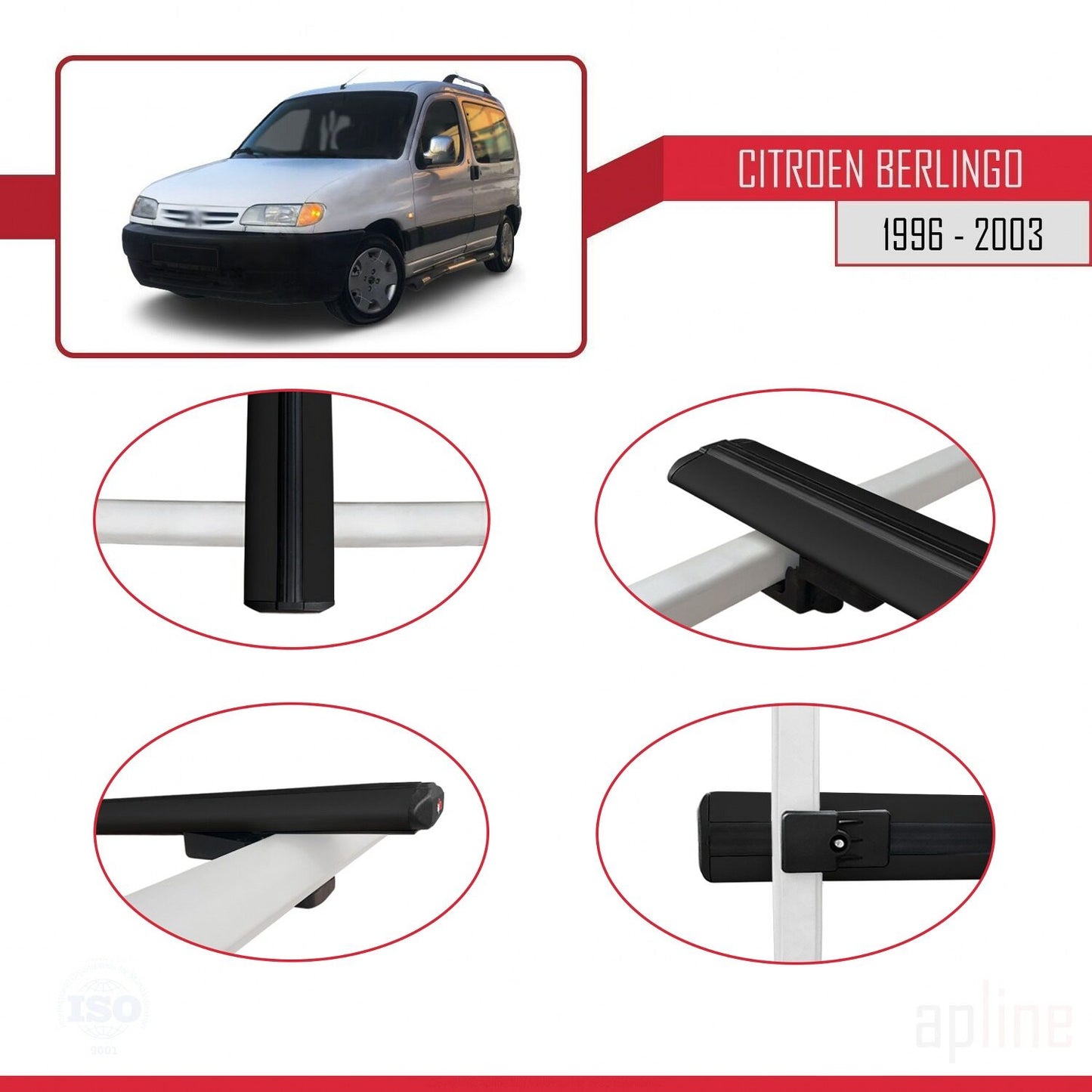 Compatible con Citroen Berlingo (M49) 1996-2003 BASIC Model Barras de Techo Auto Portaequipajes Barras Transversales Negro Aluminio 2 Barras
