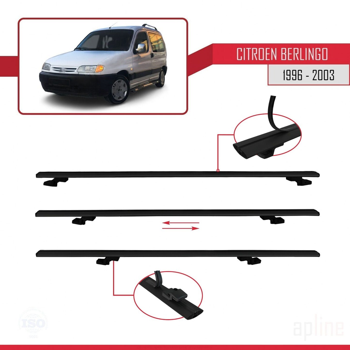 Compatible con Citroen Berlingo (M49) 1996-2003 BASIC Model Barras de Techo Auto Portaequipajes Barras Transversales Negro Aluminio 2 Barras