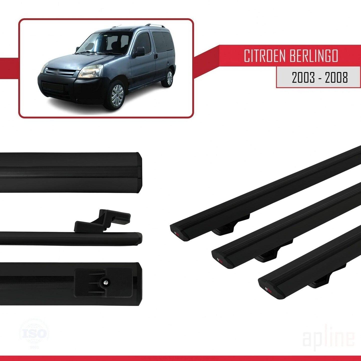 Compatible avec Citroen Berlingo (M59) 2003-2008 BASIC Model Barres de Toit Railing Porte-Bagages de Voiture Noir Aluminium 3 Barres