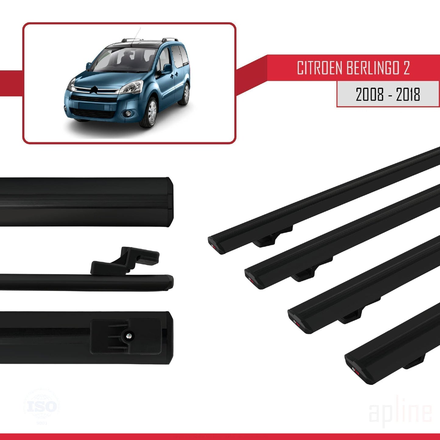 Compatible con Citroen Berlingo 2 (B9) 2008-2018 BASIC Model Barras de Techo Auto Portaequipajes Barras Transversales Negro Aluminio 4 Barras