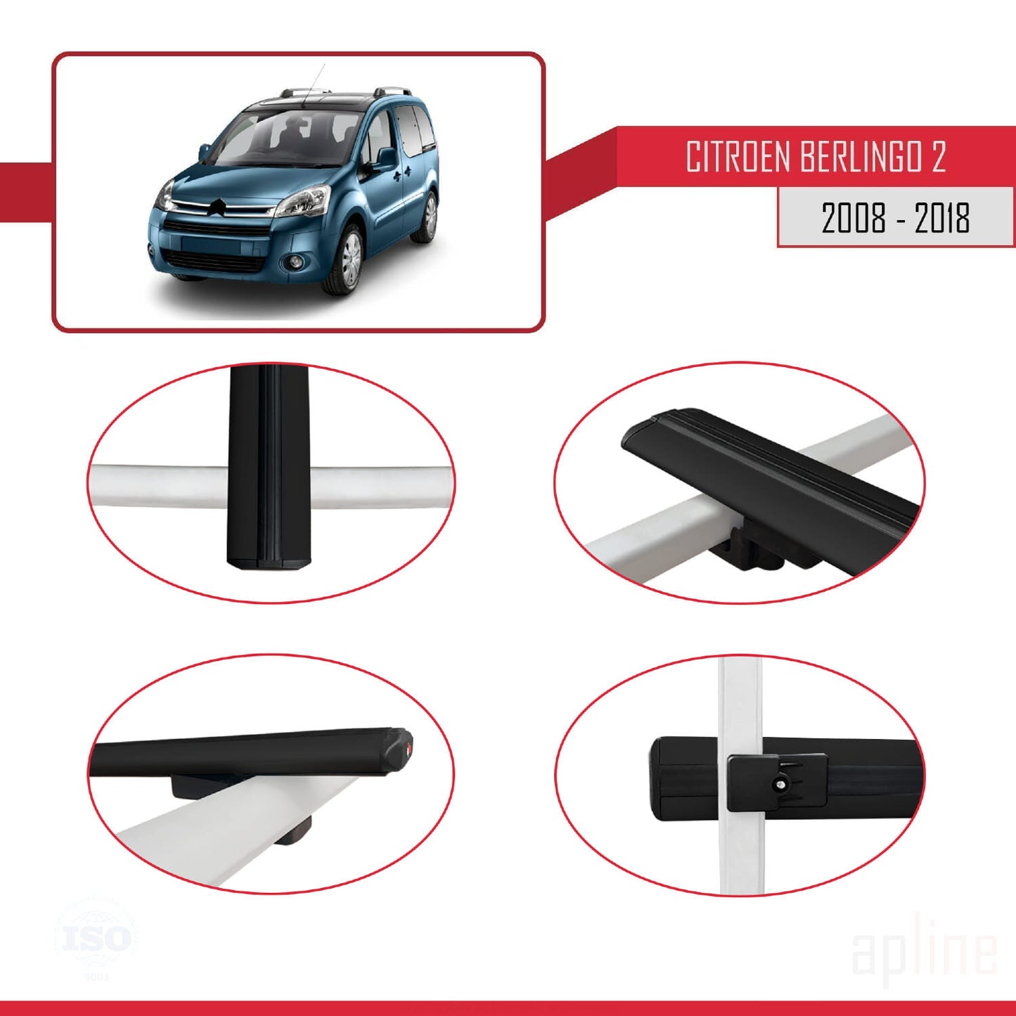 Compatible con Citroen Berlingo 2 (B9) 2008-2018 BASIC Model Barras de Techo Auto Portaequipajes Barras Transversales Negro Aluminio 4 Barras