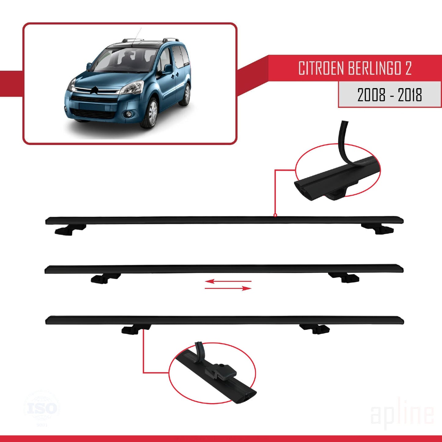 Compatible con Citroen Berlingo 2 (B9) 2008-2018 BASIC Model Barras de Techo Auto Portaequipajes Barras Transversales Negro Aluminio 4 Barras