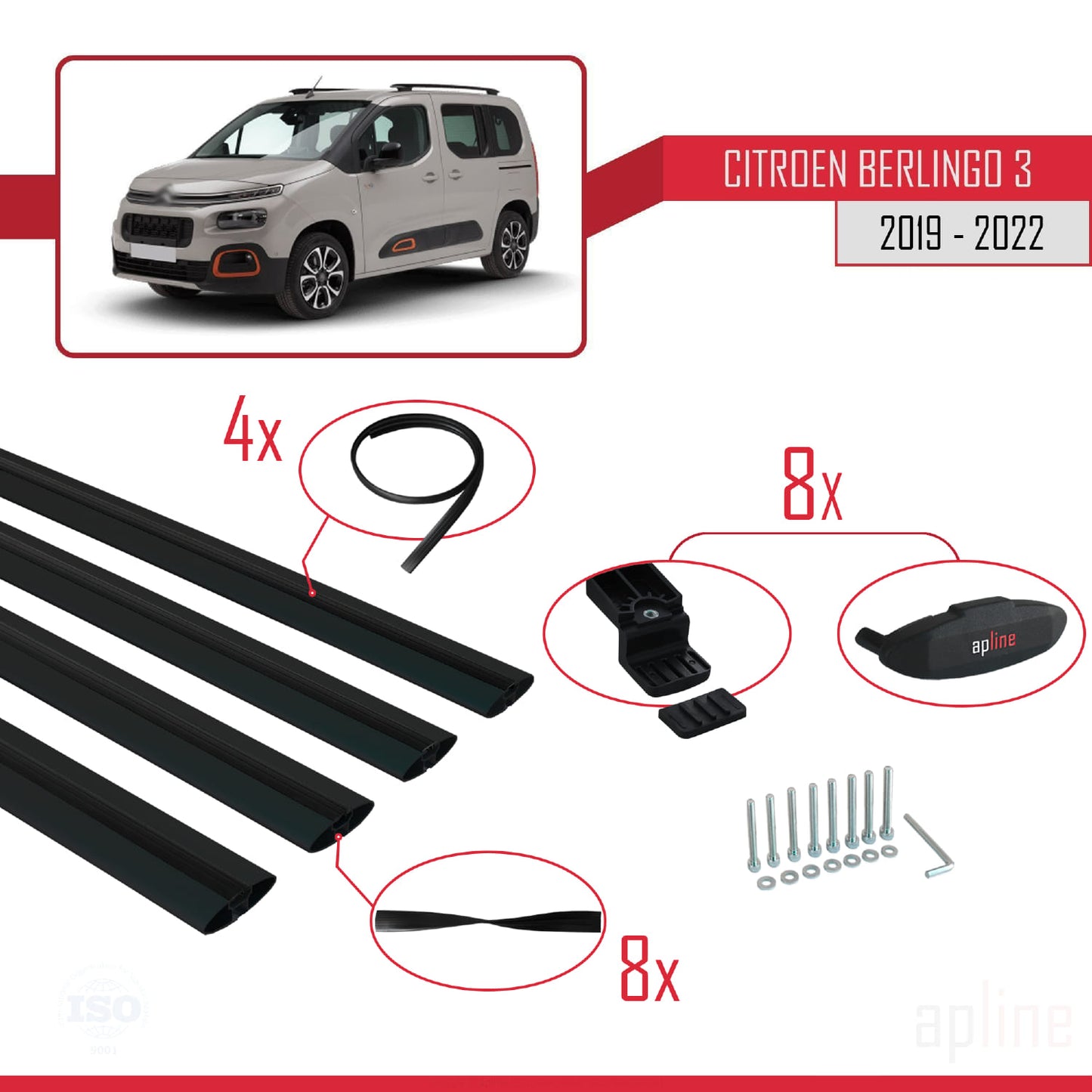 Compatible avec Citroen Berlingo 3 (K9) 2019-2022 BASIC Model Barres de Toit Railing Porte-Bagages de Voiture Noir Aluminium 4 Barres