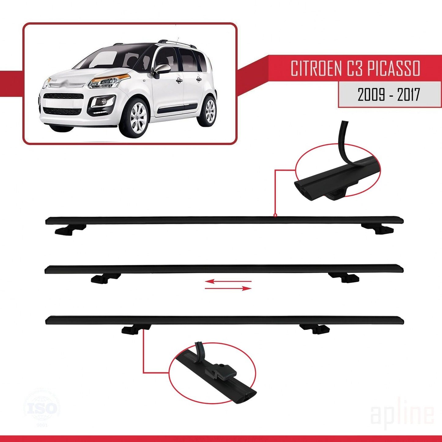 Compatible avec Citroen C3 Picasso 2009-2017 BASIC Model Barres de Toit Railing Porte-Bagages de Voiture Noir Aluminium 2 Barres