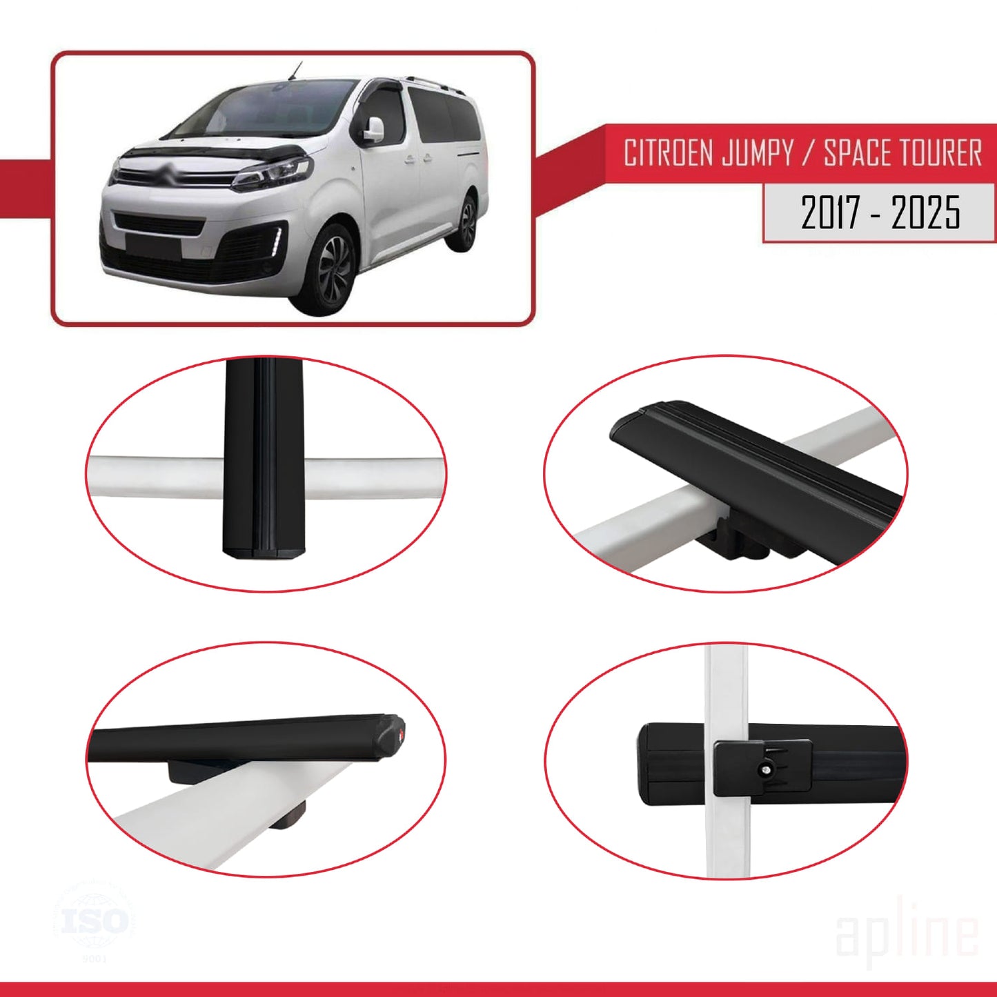 Compatible avec Citroen Jumpy 3 (K0) Space Tourer 2017-2025 BASIC Model Barres de Toit Railing Porte-Bagages de Voiture Noir Aluminium 2 Barres