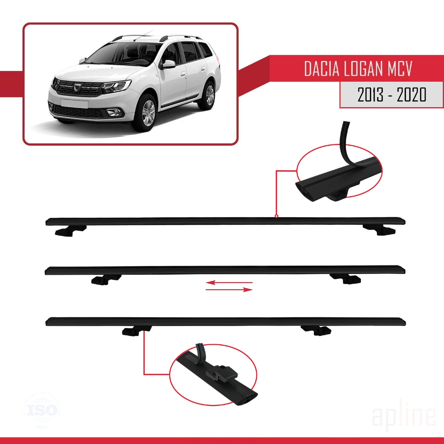 Compatible avec Dacia Logan 2 MCV (K52) 2013-2020 BASIC Model Barres de Toit Railing Porte-Bagages de Voiture Noir Aluminium 2 Barres