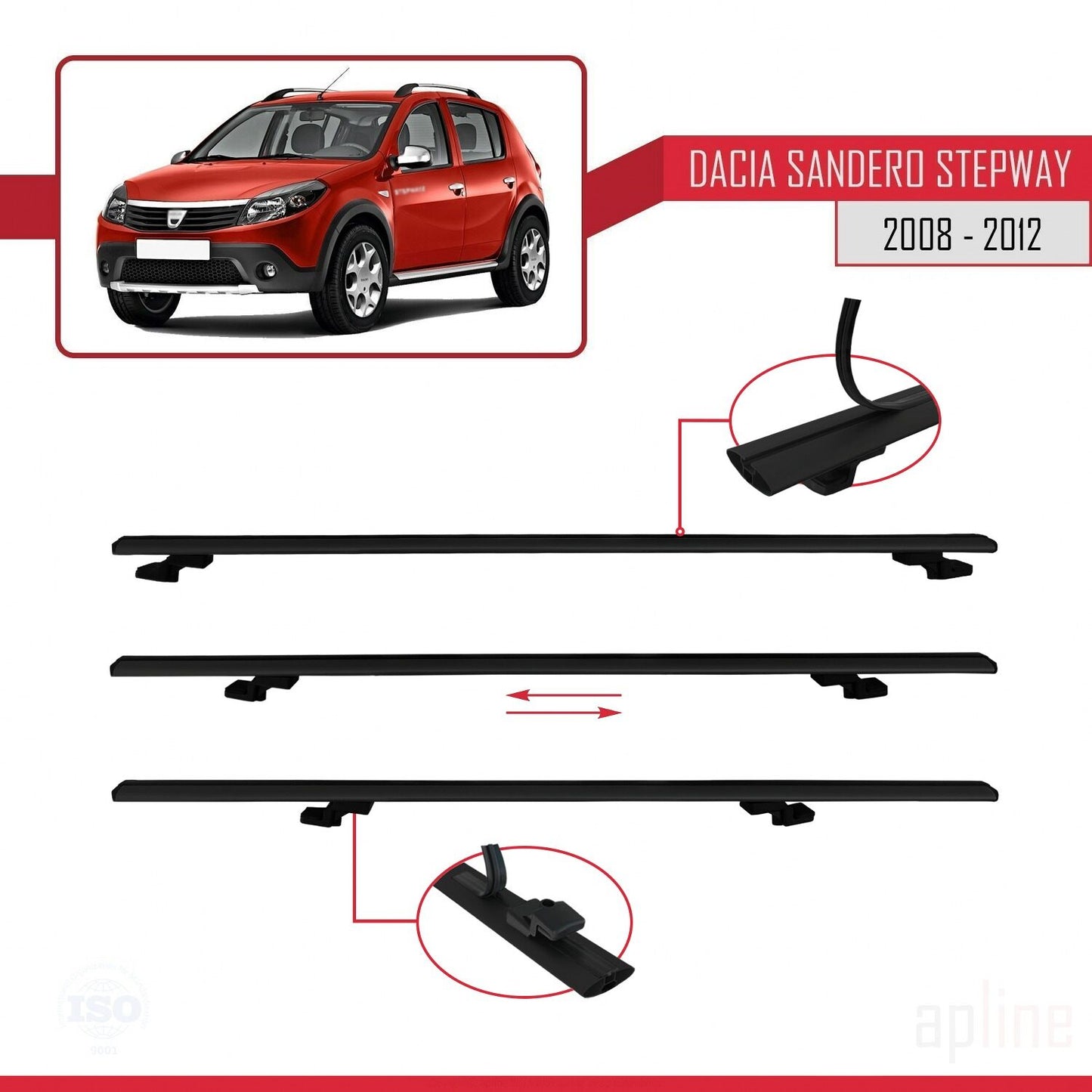 Compatible avec Dacia Sandero Stepway 2008-2012 BASIC Model Barres de Toit Railing Porte-Bagages de Voiture Noir Aluminium 3 Barres