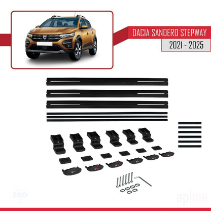 Kompatibel mit Dacia Sandero Stepway 3 2021-2025 Basismodell Dachgepäckträger, Reling, Gepäckträger, schwarzes Aluminium, 3 Stangen