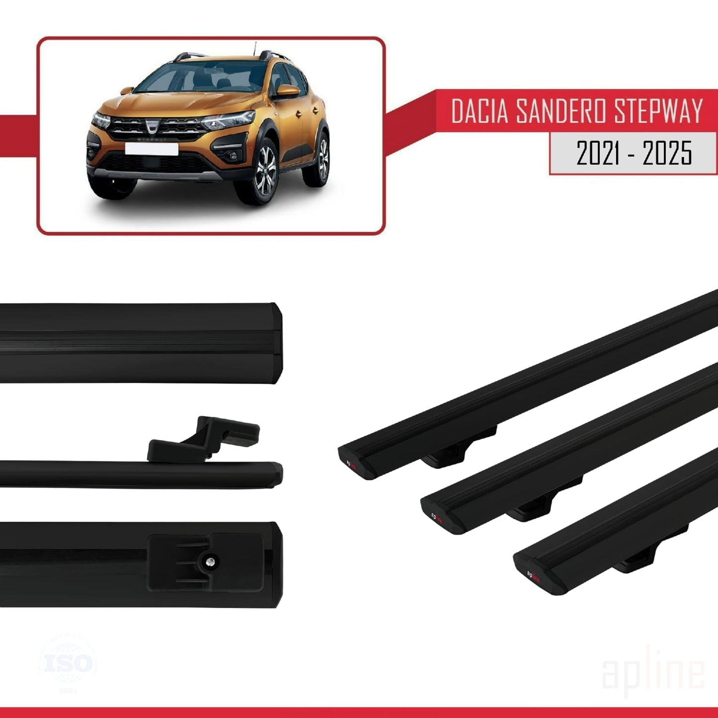 Kompatibel mit Dacia Sandero Stepway 3 2021-2025 Basismodell Dachgepäckträger, Reling, Gepäckträger, schwarzes Aluminium, 3 Stangen