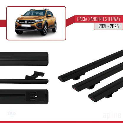 Kompatibel mit Dacia Sandero Stepway 3 2021-2025 Basismodell Dachgepäckträger, Reling, Gepäckträger, schwarzes Aluminium, 3 Stangen