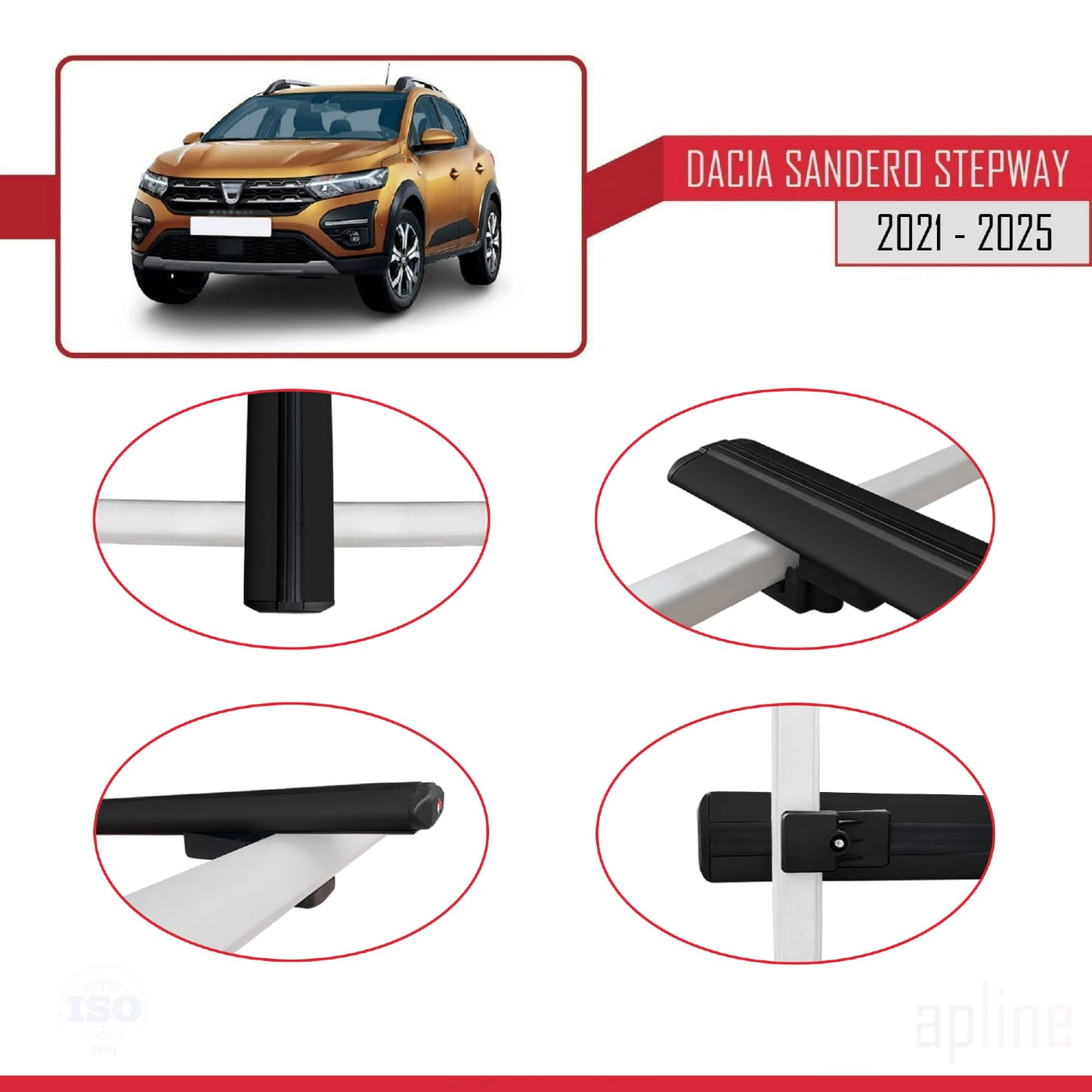 Kompatibel mit Dacia Sandero Stepway 3 2021-2025 Basismodell Dachgepäckträger, Reling, Gepäckträger, schwarzes Aluminium, 3 Stangen