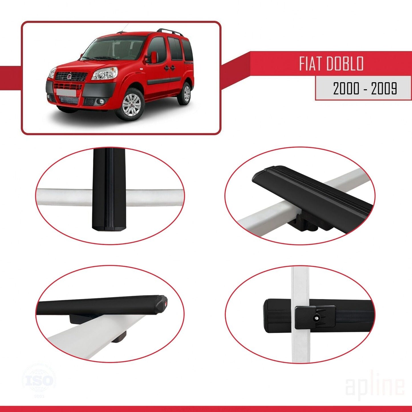 Kompatibel mit Fiat Doblo 2000-2009 Basismodell Dachgepäckträger, schwarzes Aluminium, 3-Stangen