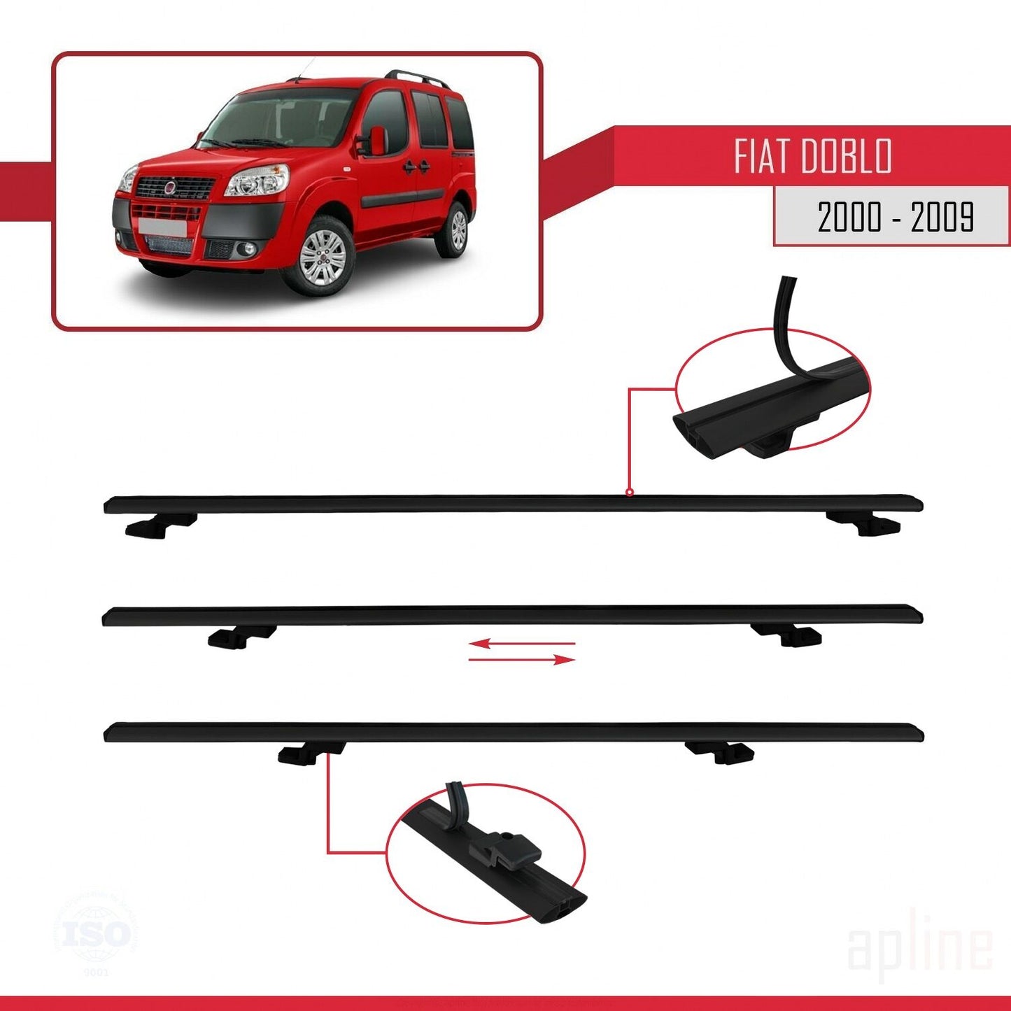 Kompatibel mit Fiat Doblo 2000-2009 Basismodell Dachgepäckträger, schwarzes Aluminium, 3-Stangen