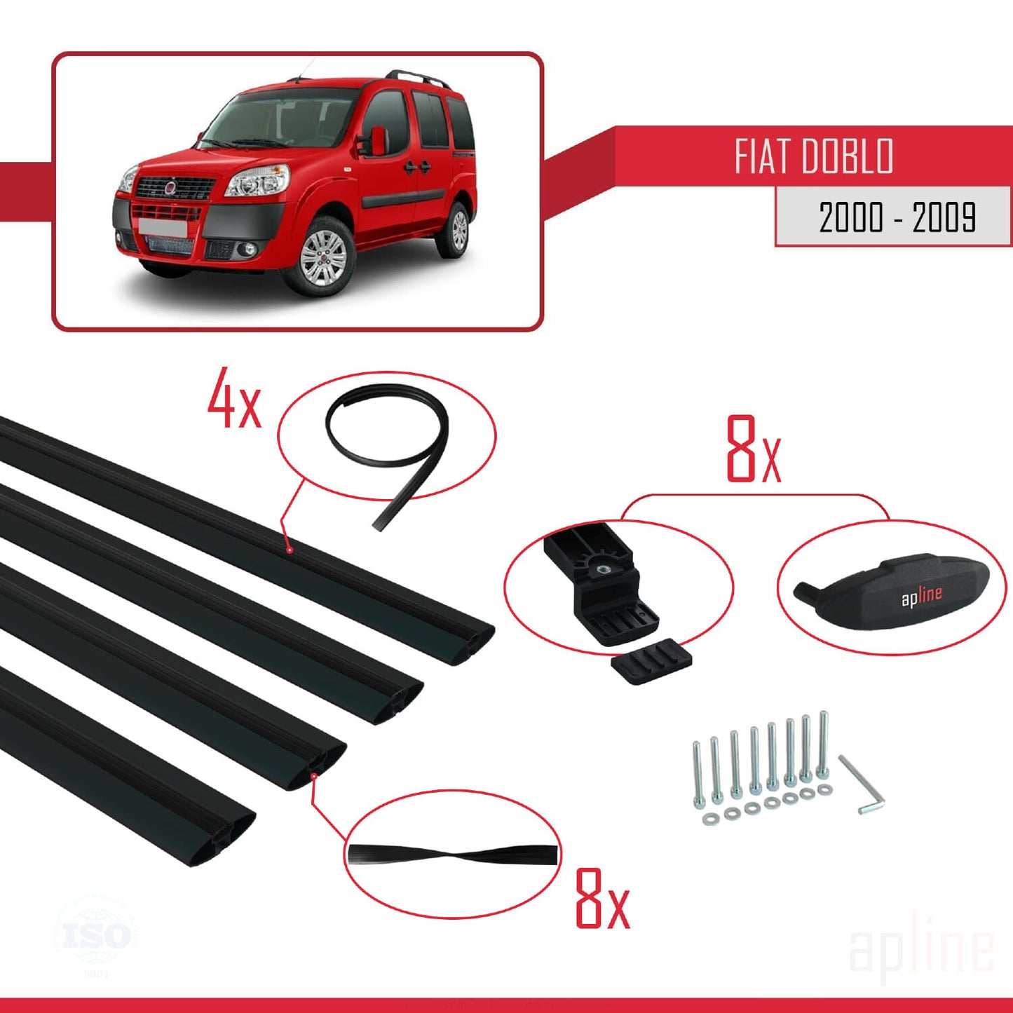 Kompatibel mit Fiat Doblo 2000-2009 Basismodell Dachgepäckträger, schwarzes Aluminium, 4 Stangen