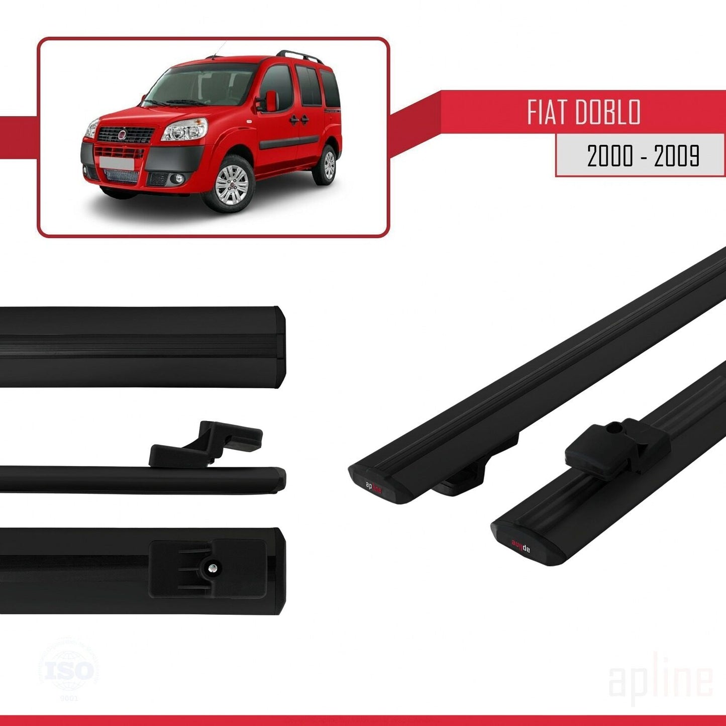 Kompatibel mit Fiat Doblo 2000-2009 Basismodell Dachgepäckträger, schwarzes Aluminium, 2 Stangen