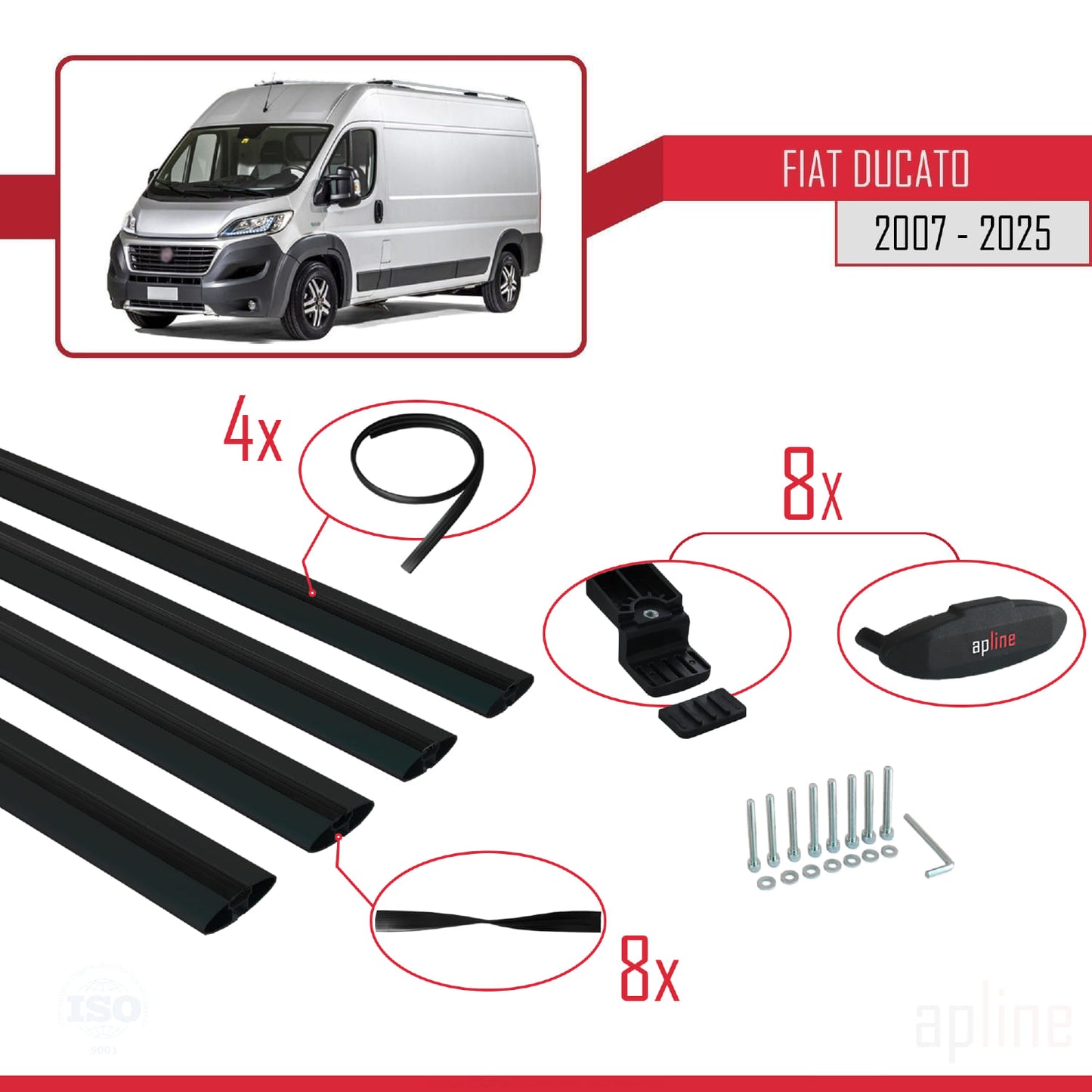 Kompatibel mit Fiat Ducato 3 2007-2025 Basismodell Dachgepäckträger, Gepäckträger, schwarzes Aluminium, 4 Stangen