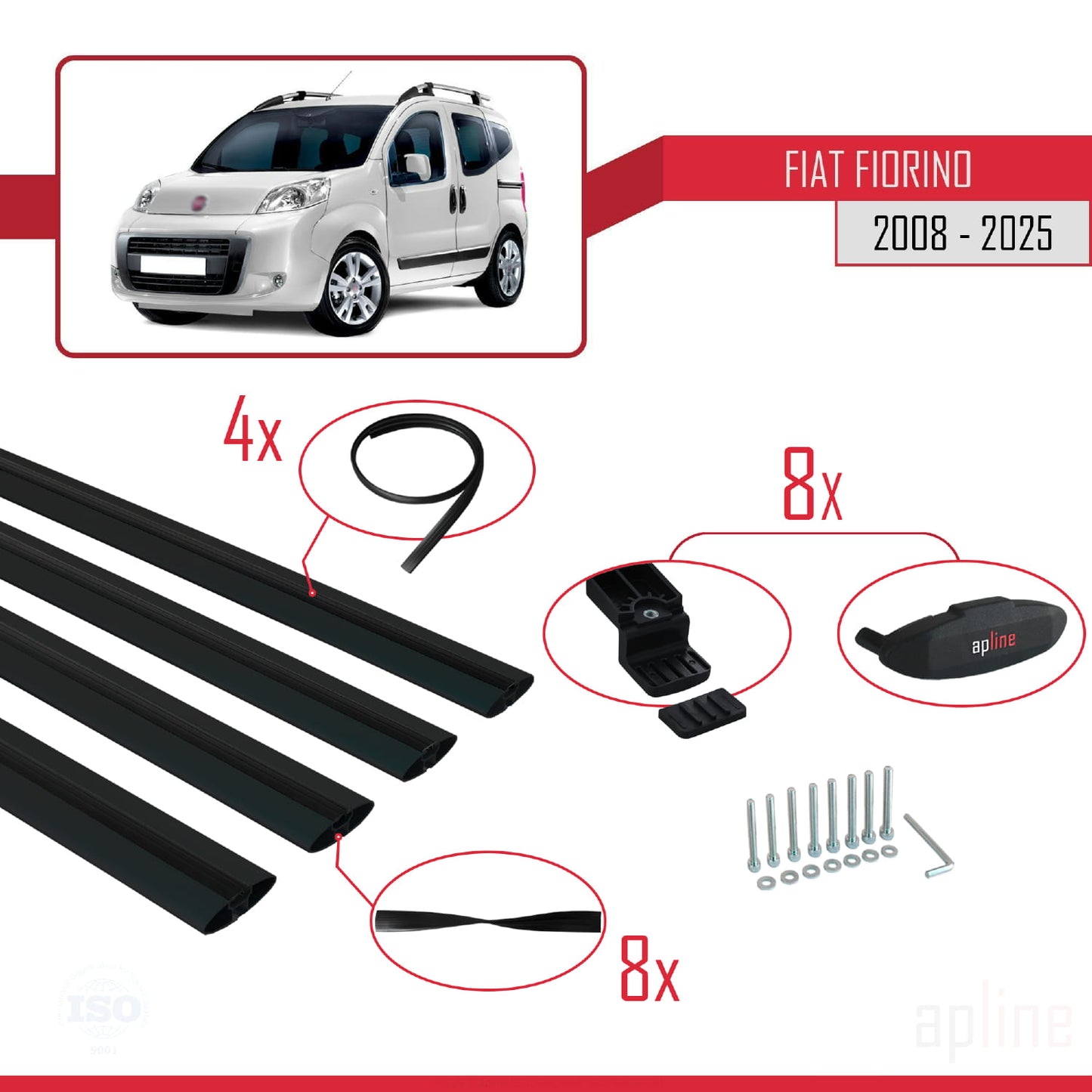 Compatibile con Fiat Fiorino 3 2008-2025 modello BASIC Barre portatutto Railing Portapacchi per auto Alluminio nero 4 barre
