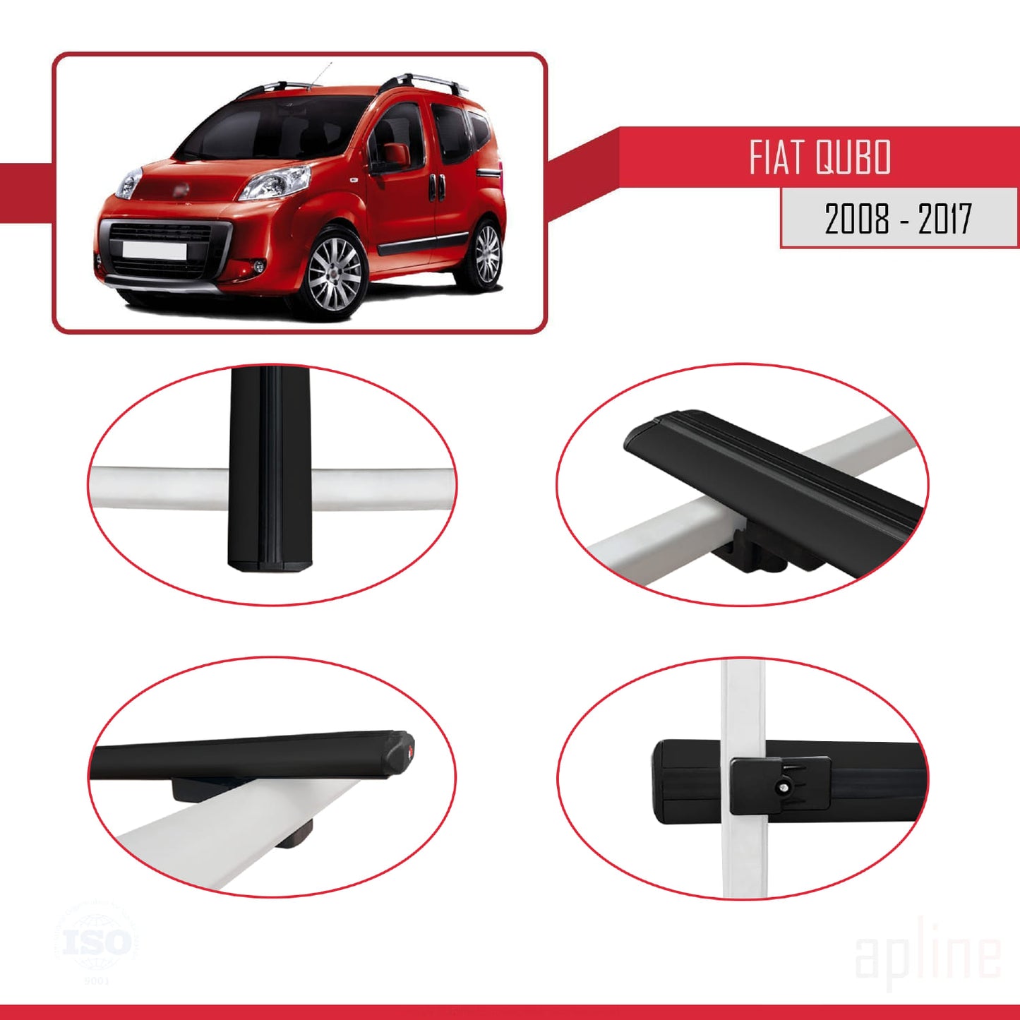 Kompatibel mit Fiat Qubo 2008-2017 Basismodell Dachgepäckträger, schwarzes Aluminium, 2 Stangen