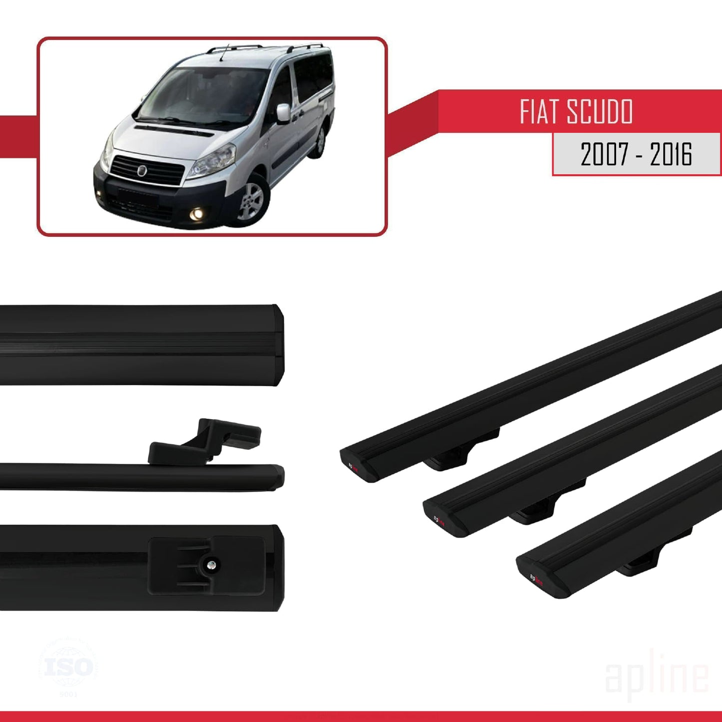 Kompatibel mit Fiat Scudo 2 2007-2016 Basismodell Dachgepäckträger, schwarzes Aluminium, 3-teilig