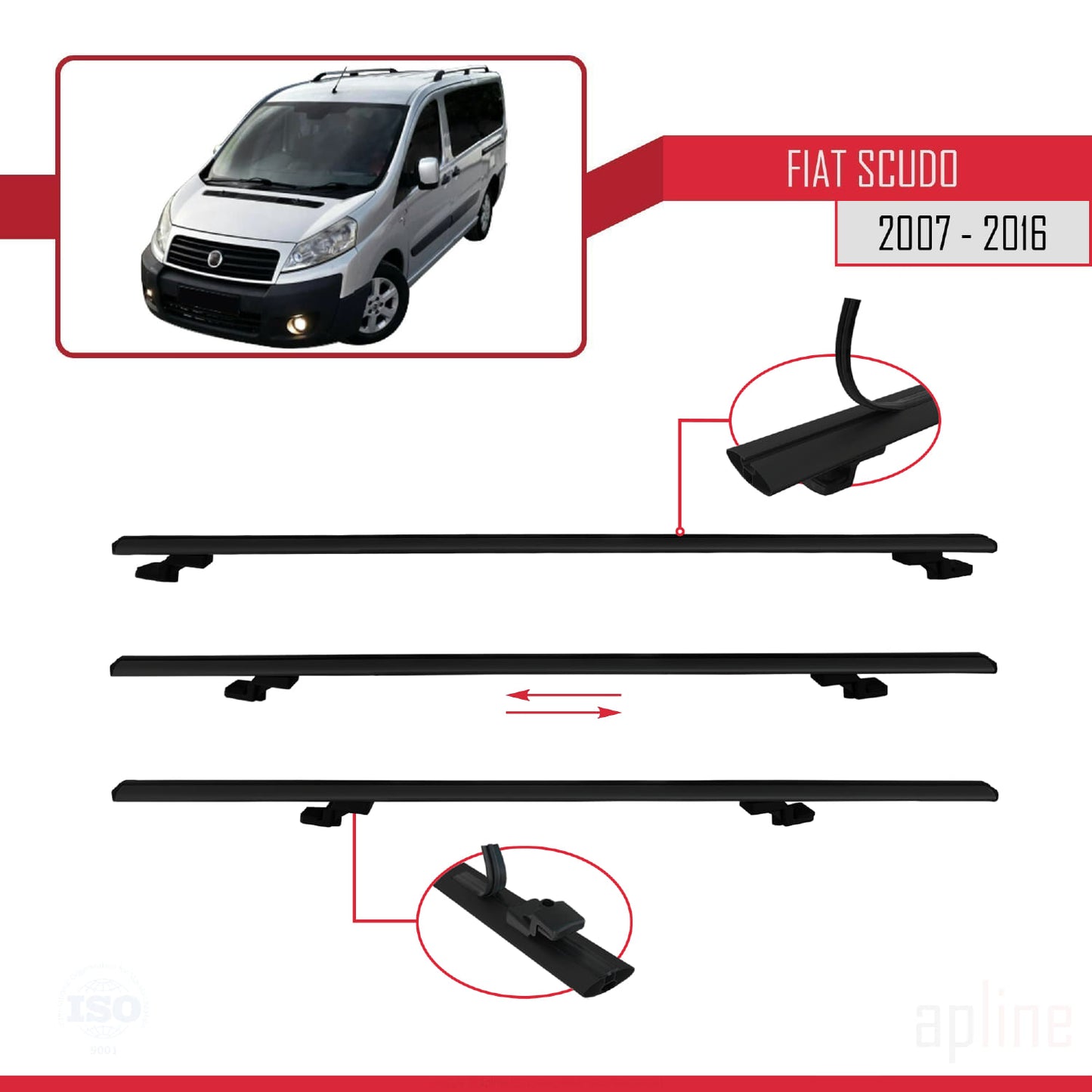 Kompatibel mit Fiat Scudo 2 2007-2016 Basismodell Dachgepäckträger, schwarzes Aluminium, 4 Stangen