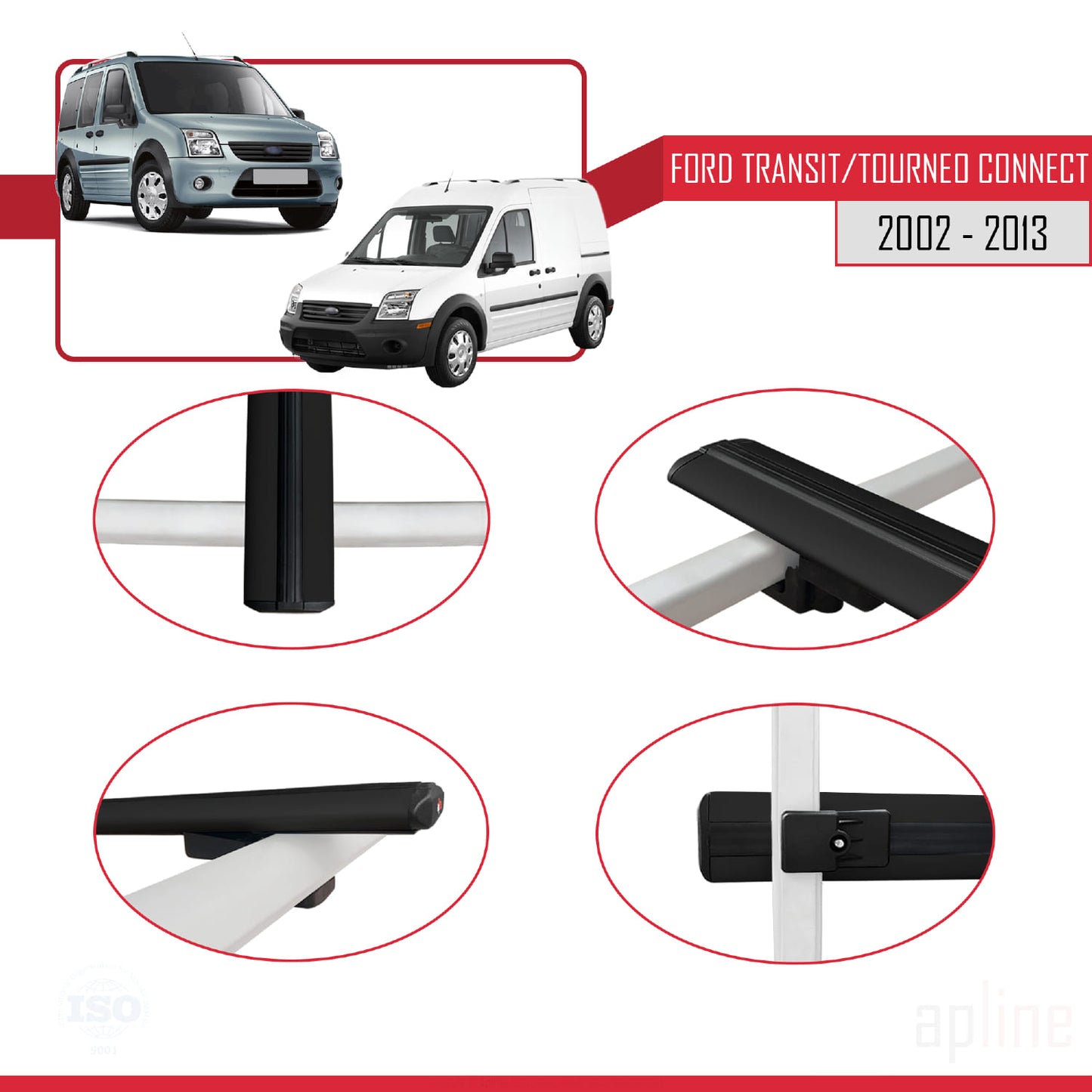 Compatible with Ford Transit/Tourneo Connect 2002-2013 BASIC Model Car Roof Rack Cross Bar Black Aluminium 3 Bars