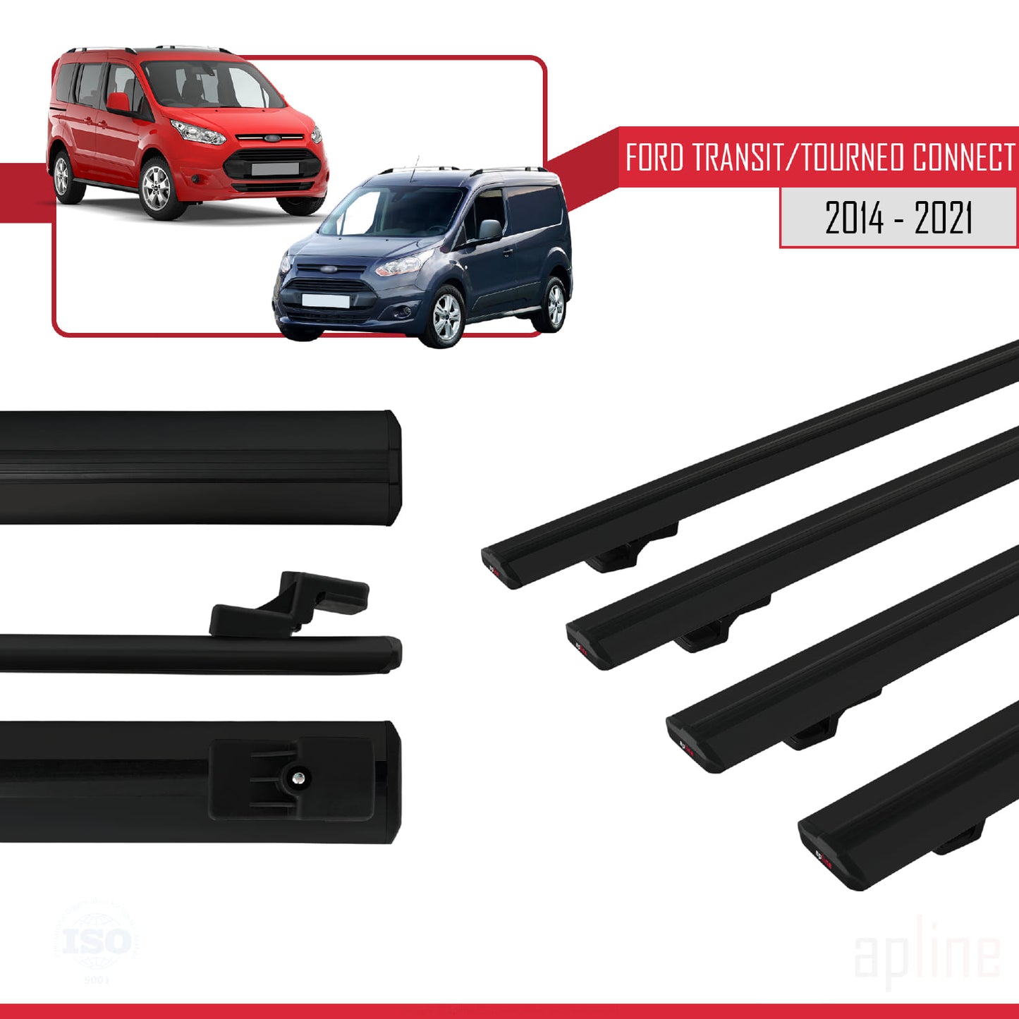 Compatible with Ford Transit/Tourneo Connect 2 2014-2021 BASIC Model Car Roof Rack Cross Bar Black Aluminium 4 Bars