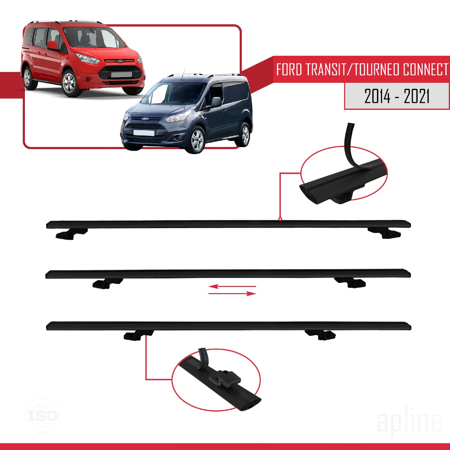 Compatible with Ford Transit/Tourneo Connect 2 2014-2021 BASIC Model Car Roof Rack Cross Bar Black Aluminium 4 Bars